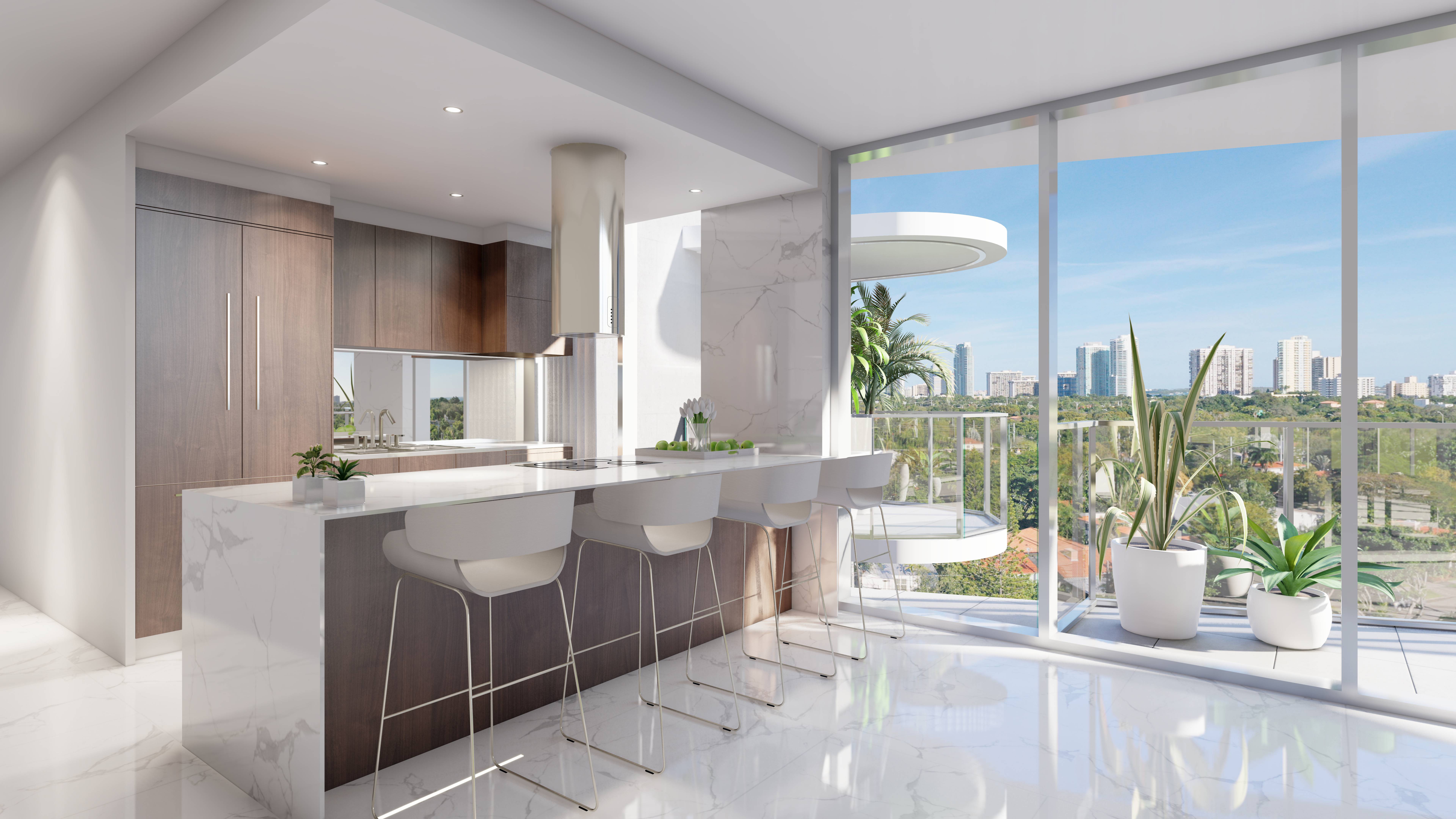 Alana Bay Harbor Islands kitchen with cityscape view, luxury and ultra luxury preconstruction condos in Bay Harbor Islands, Miami. Featuring modern.