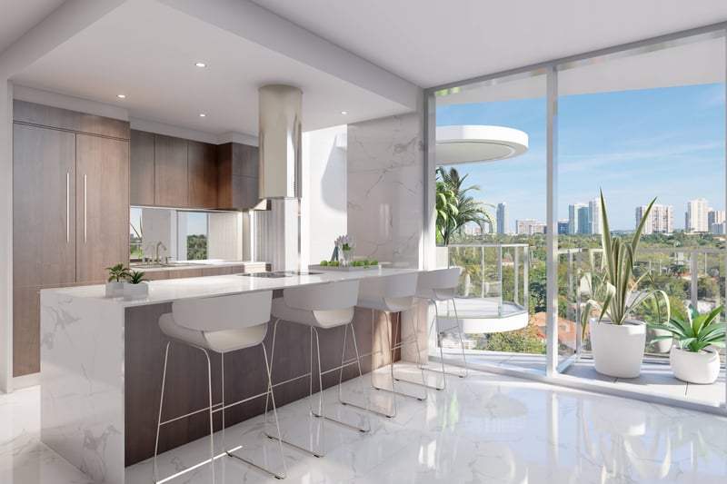 Alana Bay Harbor Islands kitchen with cityscape view, luxury and ultra luxury preconstruction condos in Bay Harbor Islands, Miami. Featuring modern.