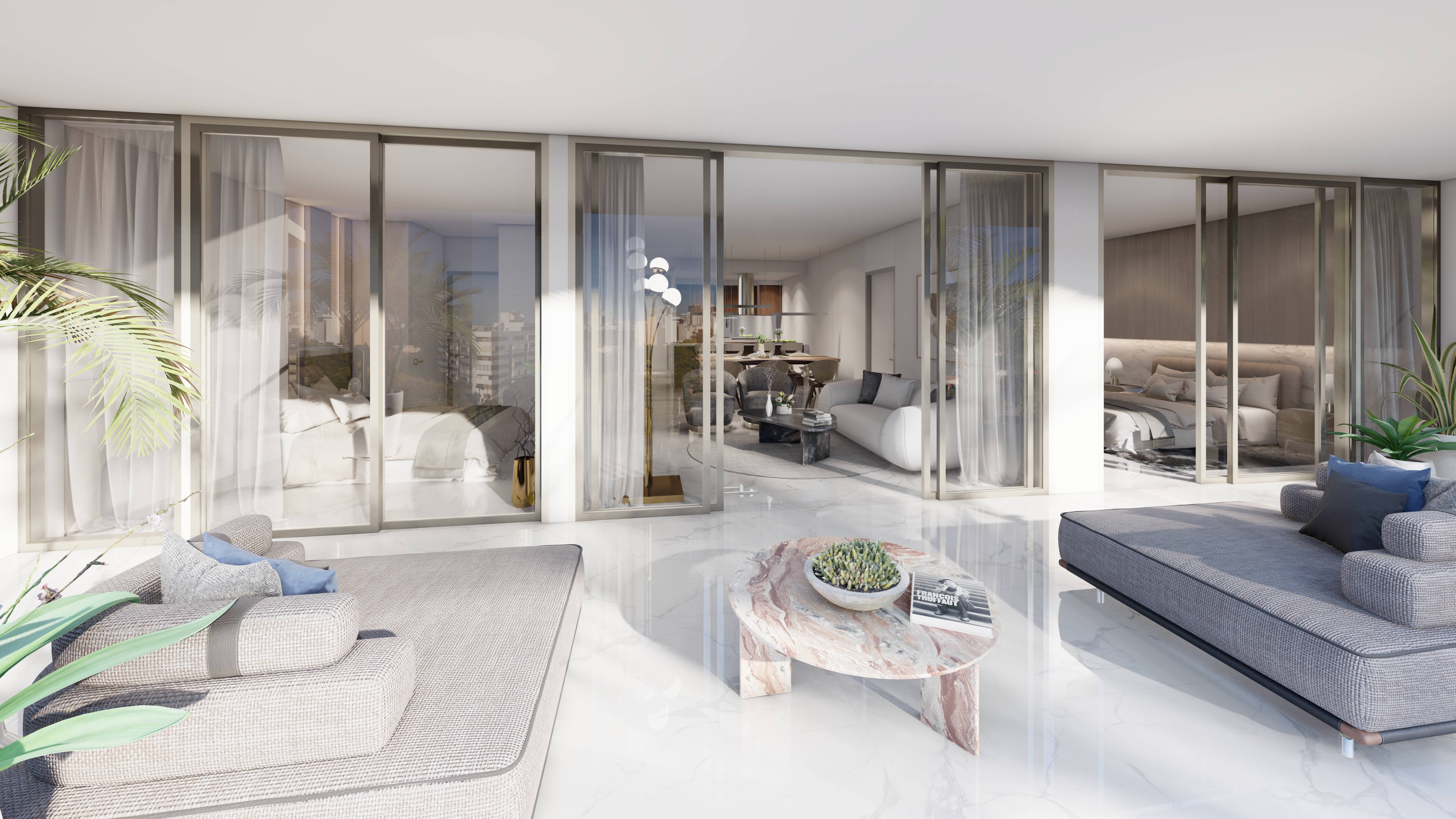 Alana Bay Harbor Islands modern living room interior design, luxury and ultra luxury preconstruction condos in Miami.