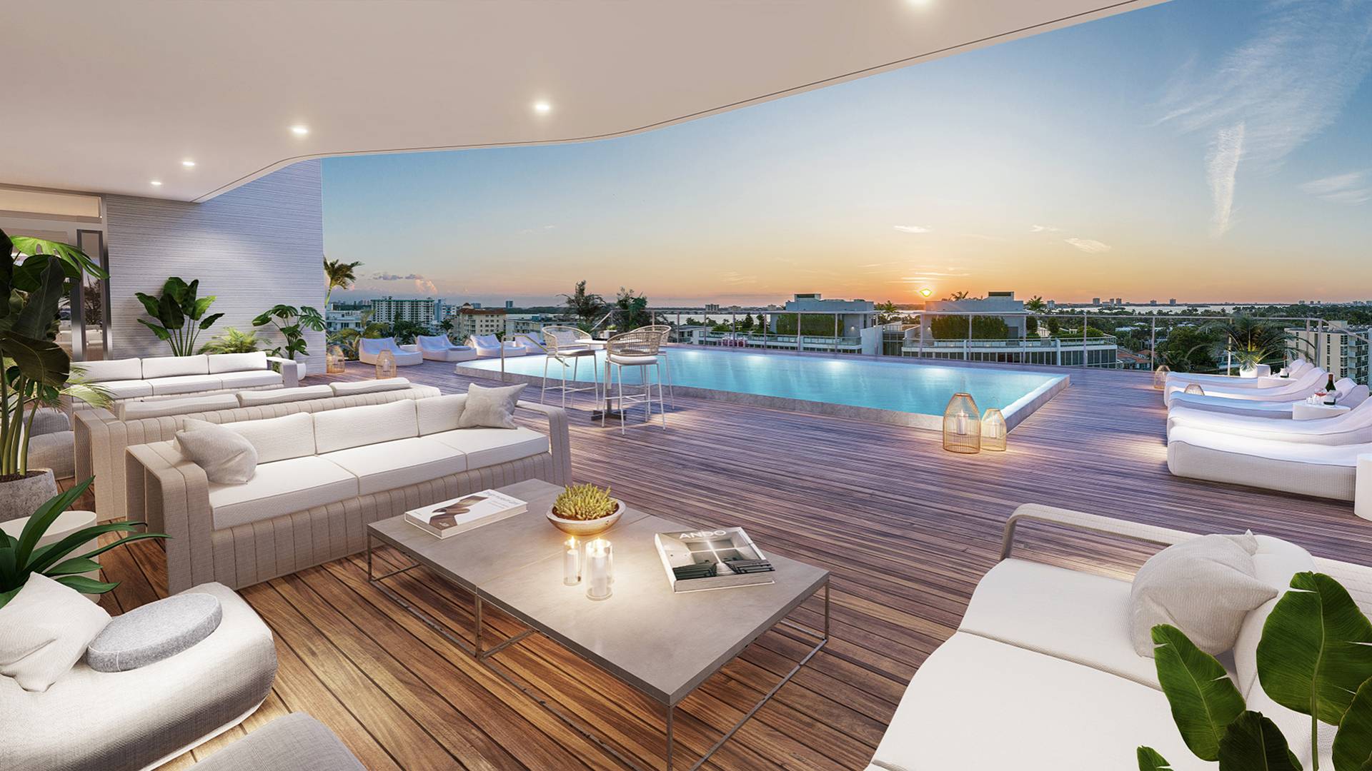 Alana Bay Harbor Islands rooftop pool sunset lounge seating, luxury and ultra luxury preconstruction condos amenity deck.