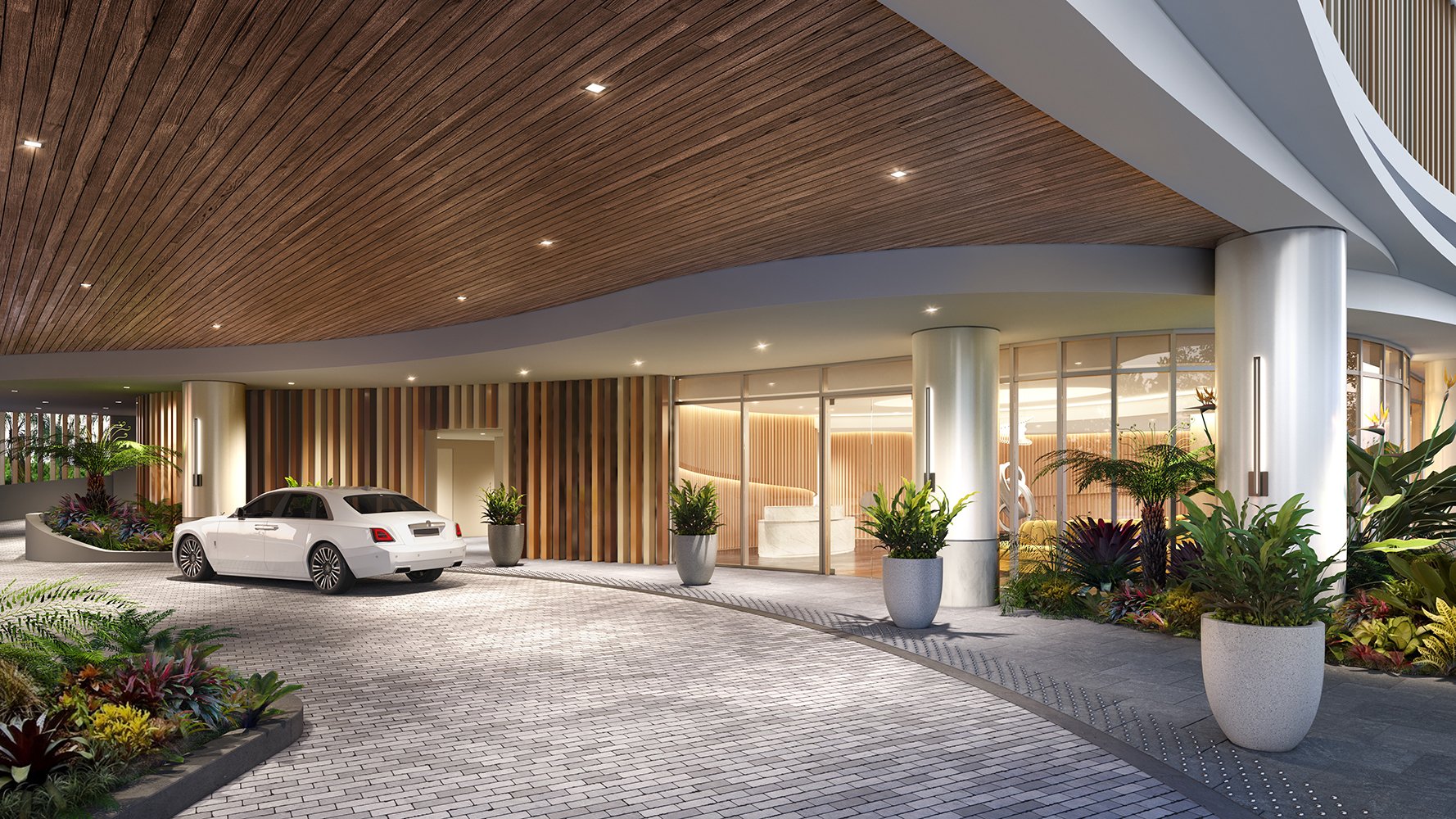 ALBA Palm Beach, West Palm Beach modern entrance and porte‑cochère amid palms, arrival for luxury and ultra luxury condos; preconstruction. Featuring building.