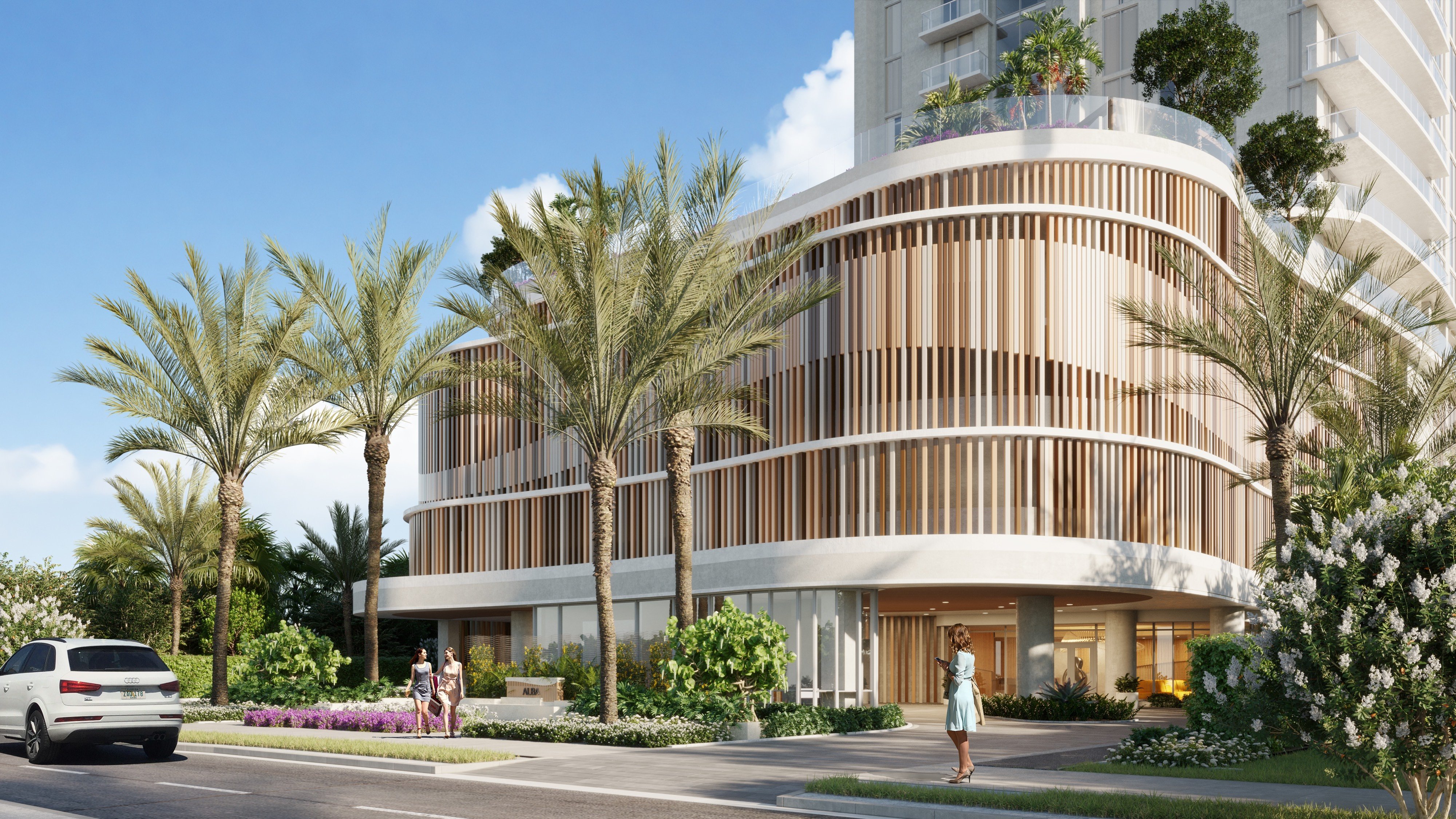 ALBA Palm Beach, West Palm Beach contemporary architecture framed by palm trees, iconic setting for luxury and ultra luxury condos; preconstruction. Featuring modern, architectural, and building.
