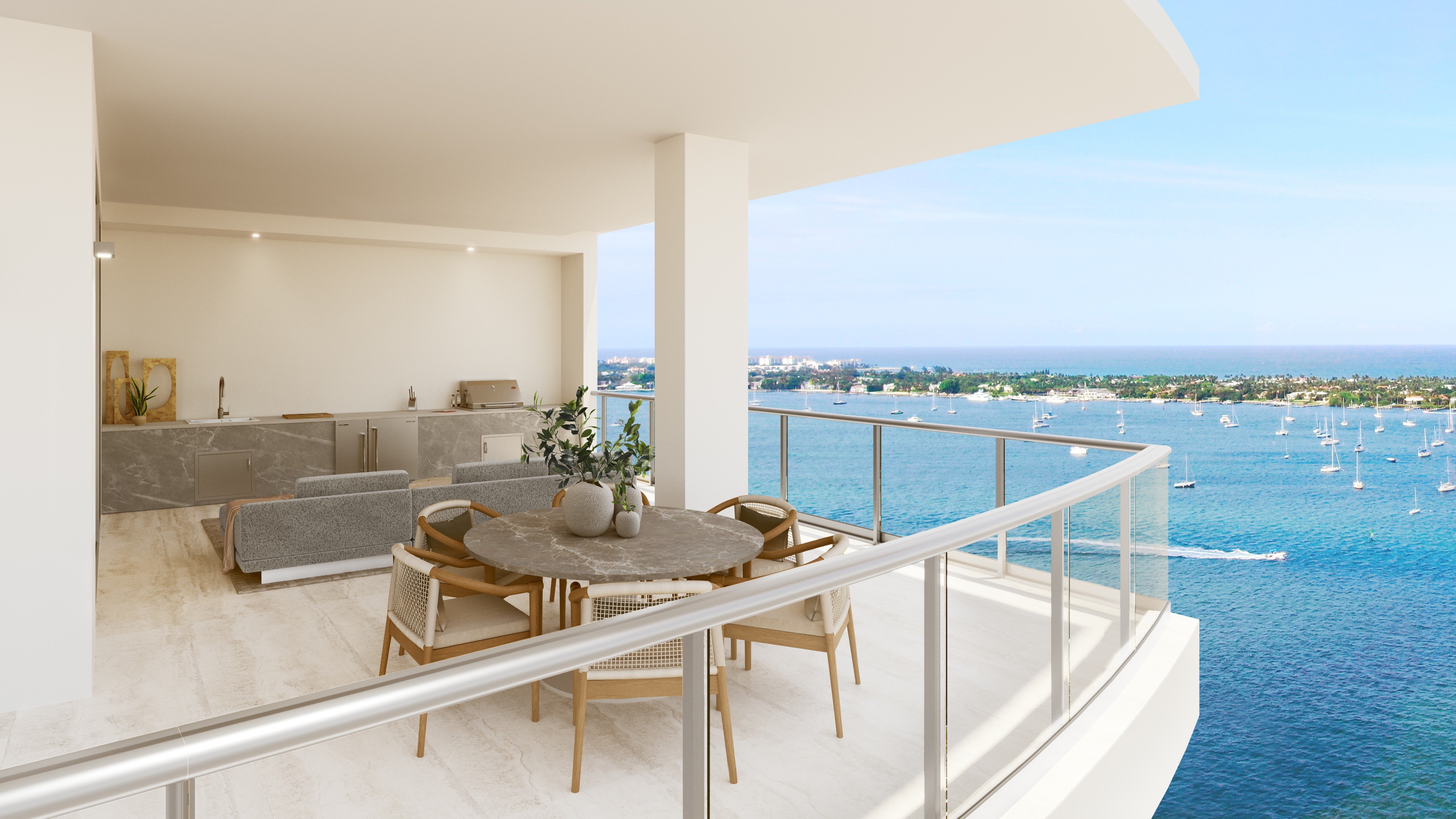 ALBA Palm Beach, West Palm Beach modern balcony with ocean view, indoor‑outdoor lifestyle in luxury and ultra luxury condos; preconstruction.