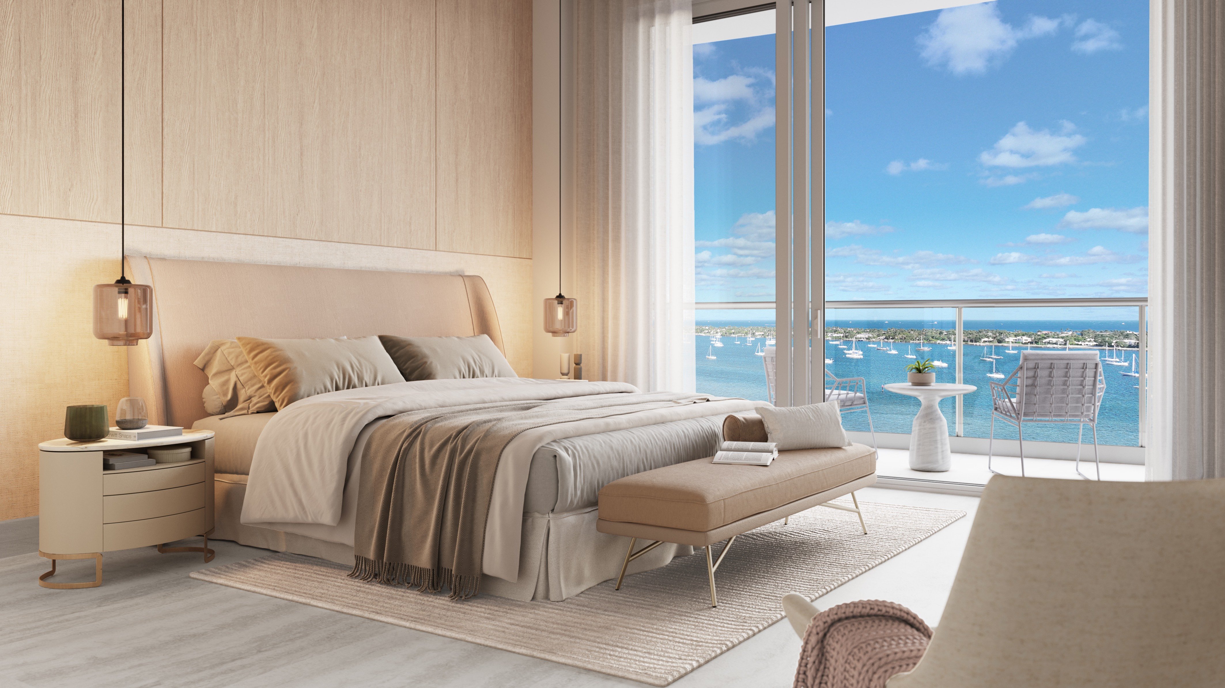ALBA Palm Beach, West Palm Beach bedroom overlooking the water, floor‑to‑ceiling glass, serene suite in luxury and ultra luxury condos; preconstruction. Featuring modern, waterfront, and view.