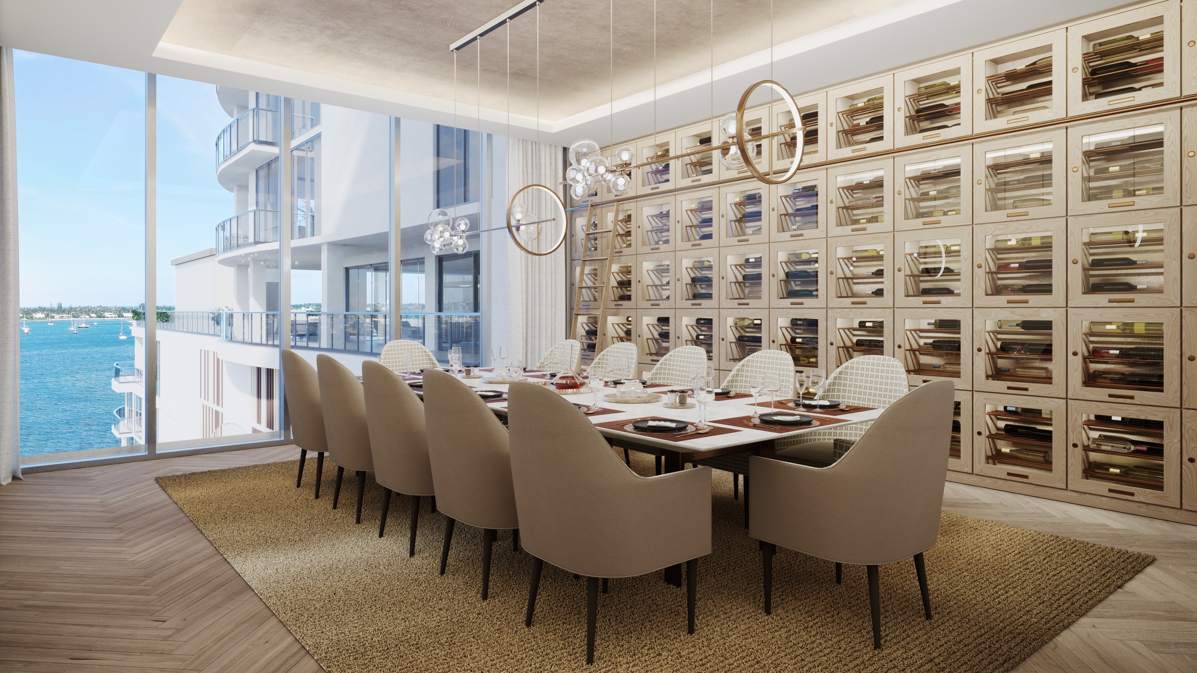 ALBA Palm Beach, West Palm Beach modern dining room facing the Intracoastal, entertainer’s plan in luxury and ultra luxury condos; preconstruction. Featuring water view.