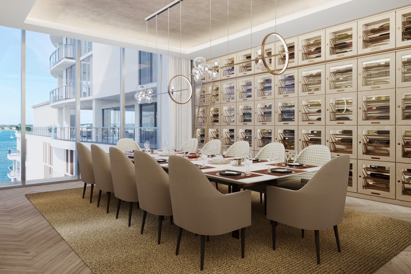 ALBA Palm Beach, West Palm Beach modern dining room facing the Intracoastal, entertainer’s plan in luxury and ultra luxury condos; preconstruction. Featuring water view.