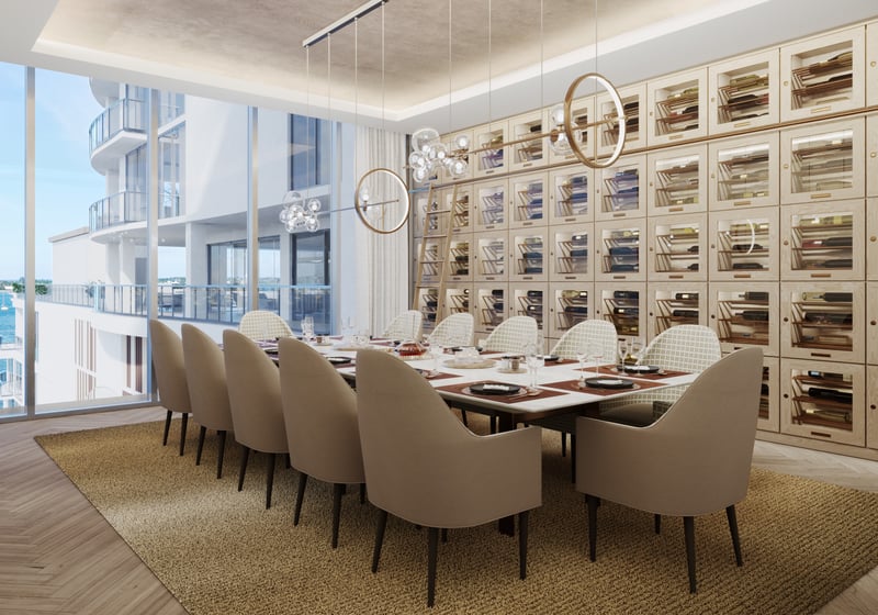 ALBA Palm Beach, West Palm Beach modern dining room facing the Intracoastal, entertainer’s plan in luxury and ultra luxury condos; preconstruction. Featuring water view.