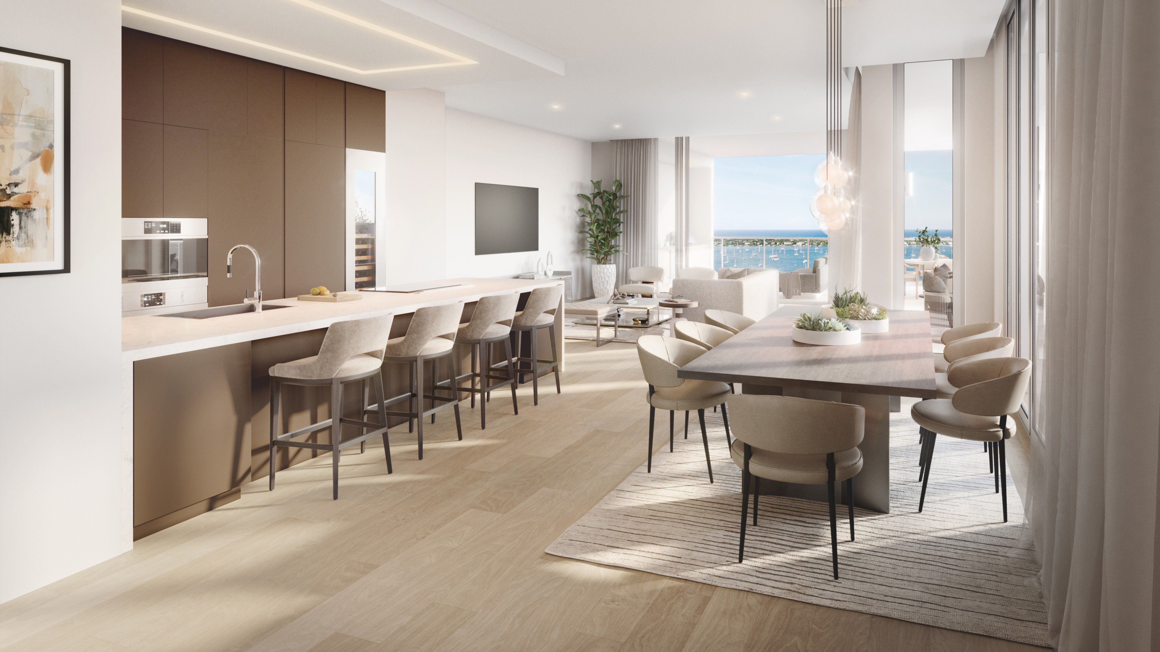 ALBA Palm Beach, West Palm Beach open kitchen, dining, living area with sleek cabinetry, contemporary layout in luxury and ultra luxury condos; preconstruction. Featuring modern.