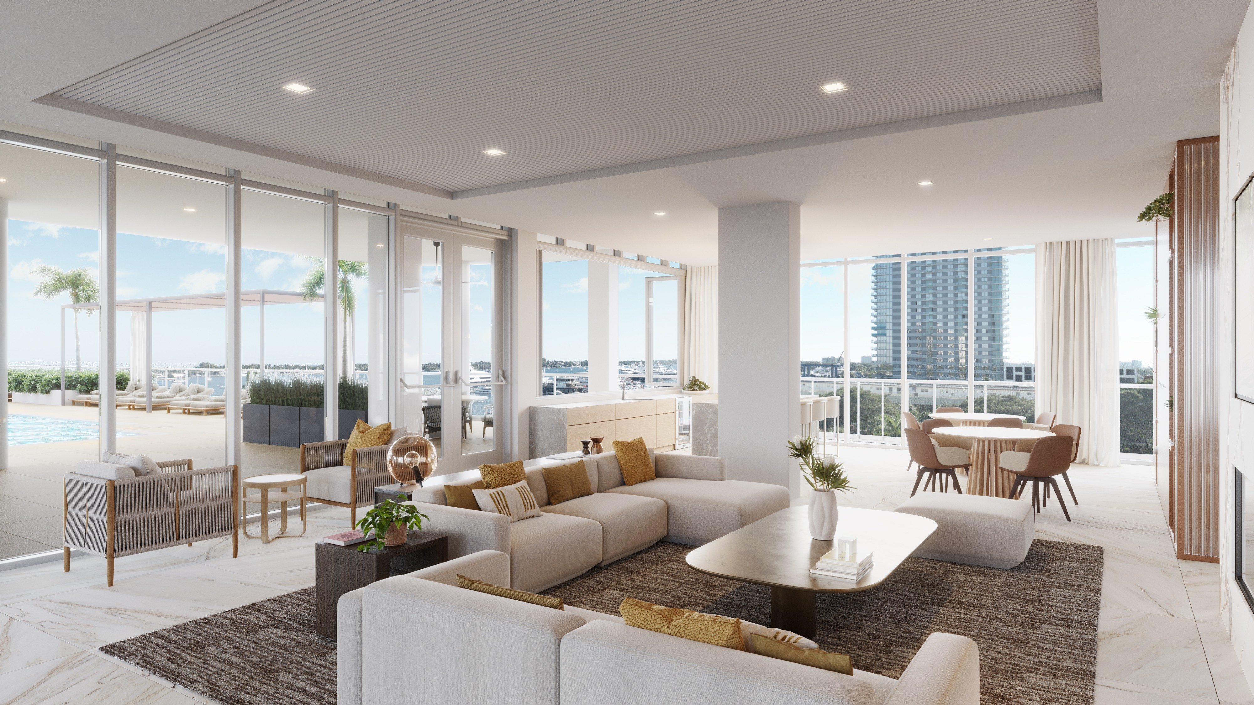 ALBA Palm Beach, West Palm Beach living room facing the pool terrace, resort vibe for luxury and ultra luxury condos; preconstruction. Featuring modern interior view.