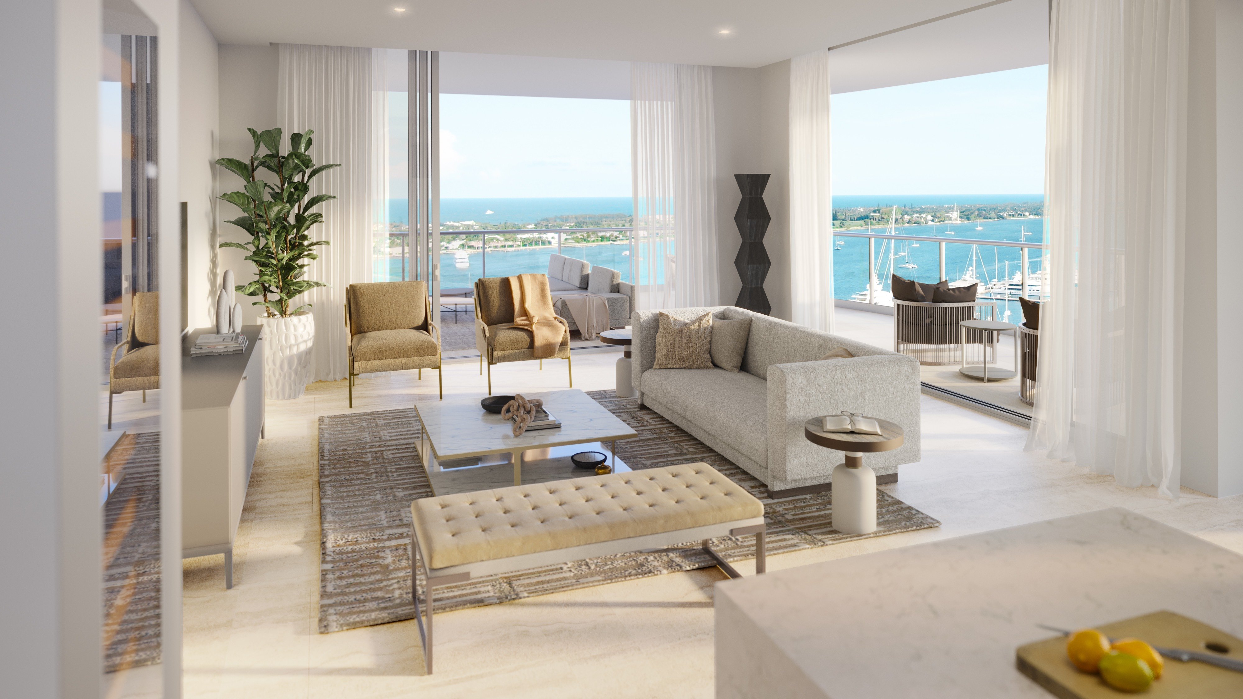 ALBA Palm Beach, West Palm Beach living space with seaside horizon and balcony, coastal elegance in luxury and ultra luxury condos; preconstruction. Featuring modern, room, and view.