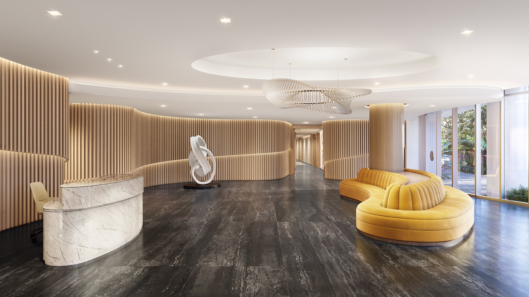 ALBA Palm Beach, West Palm Beach lobby interior with concierge and sculptural lighting, grand welcome to luxury and ultra luxury condos; preconstruction. Featuring modern design.