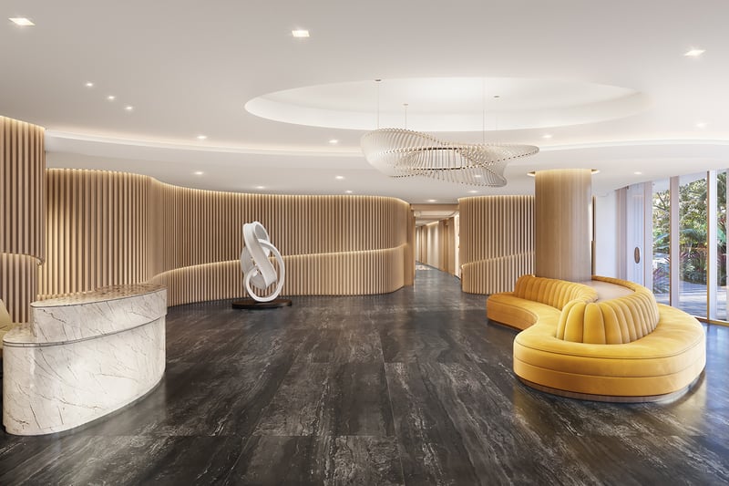 ALBA Palm Beach, West Palm Beach lobby interior with concierge and sculptural lighting, grand welcome to luxury and ultra luxury condos; preconstruction. Featuring modern design.