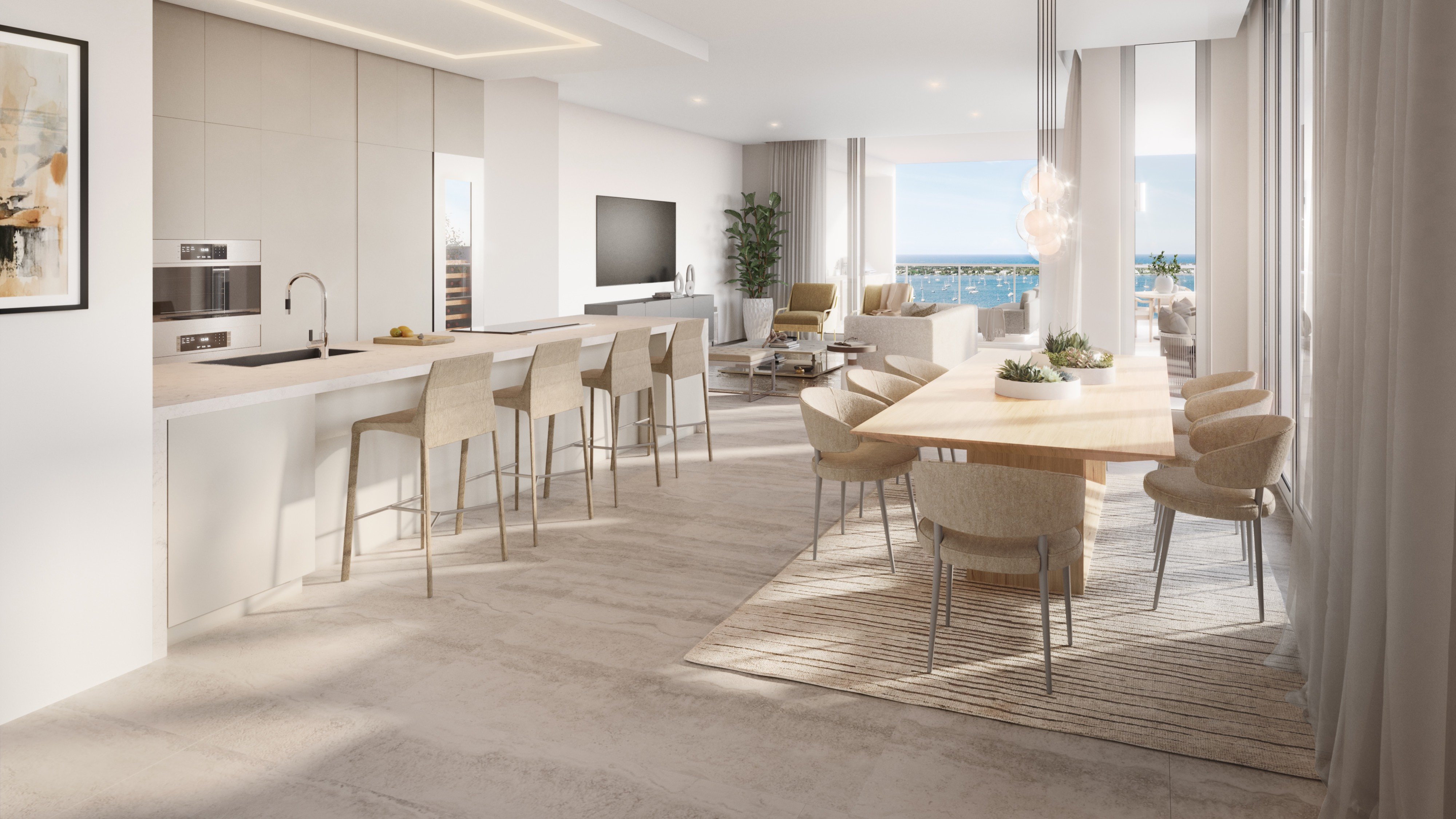 ALBA Palm Beach, West Palm Beach open‑concept kitchen and living room with island seating, chef‑ready luxury and ultra luxury condos; preconstruction. Featuring modern.