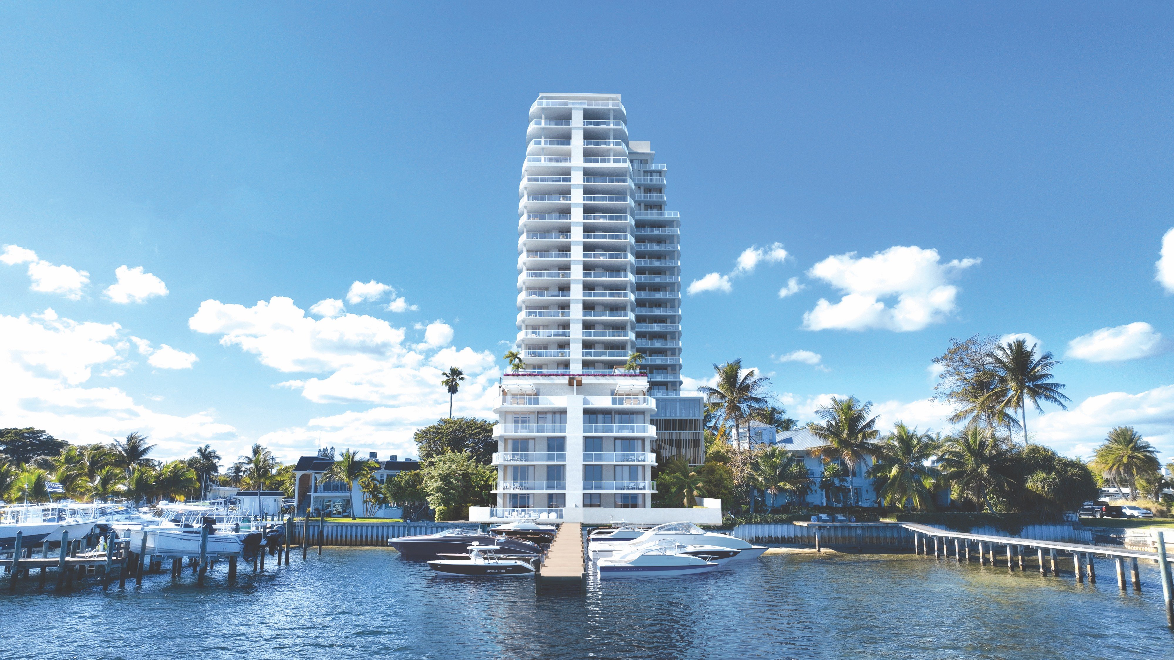 ALBA Palm Beach, West Palm Beach marina‑side condo with yachts, waterfront setting for luxury and ultra luxury condos; preconstruction. Featuring modern.