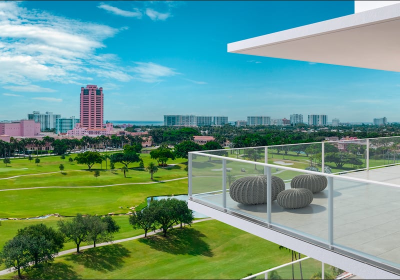 ALINA Residences, Boca Raton balcony over golf course and skyline. South Florida luxury and ultra luxury condos; active resale. Featuring view.
