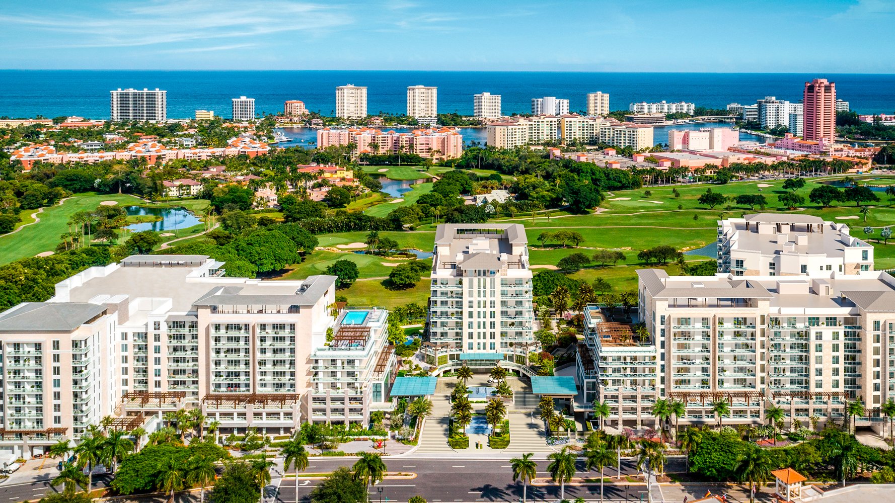 ALINA Residences, Boca Raton coastal resort‑style community aerial, prime Boca Raton address of luxury and ultra luxury condos; resale. Featuring view.