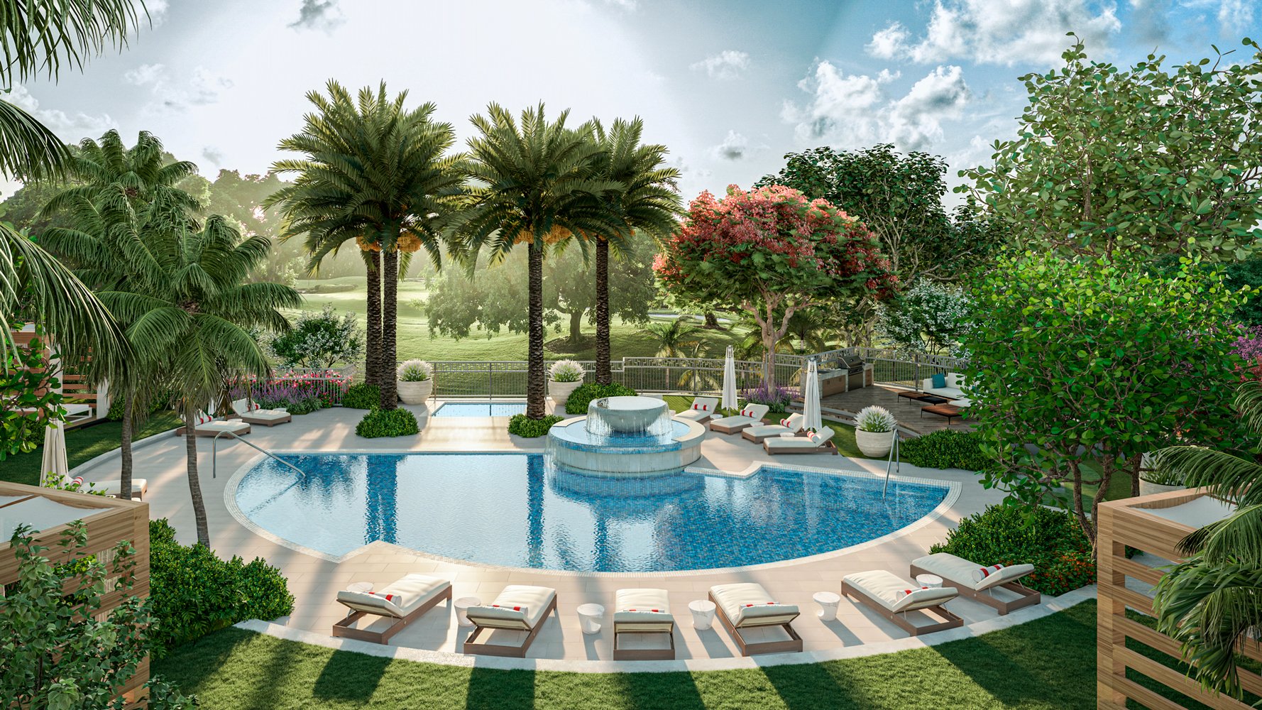 ALINA Residences, Boca Raton poolside retreat with cabanas and tropical landscaping, resort amenities for luxury and ultra luxury condos in Boca Raton. Featuring luxurious.