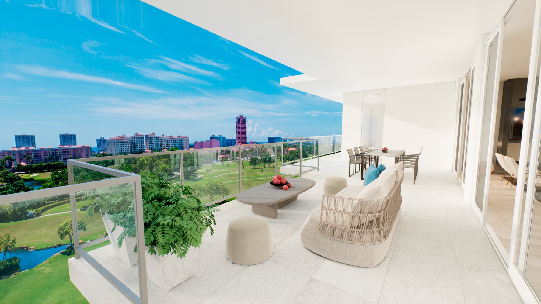 ALINA Residences, Boca Raton balcony view toward city skyline, open‑air living in luxury and ultra luxury condos; resale. Featuring modern.