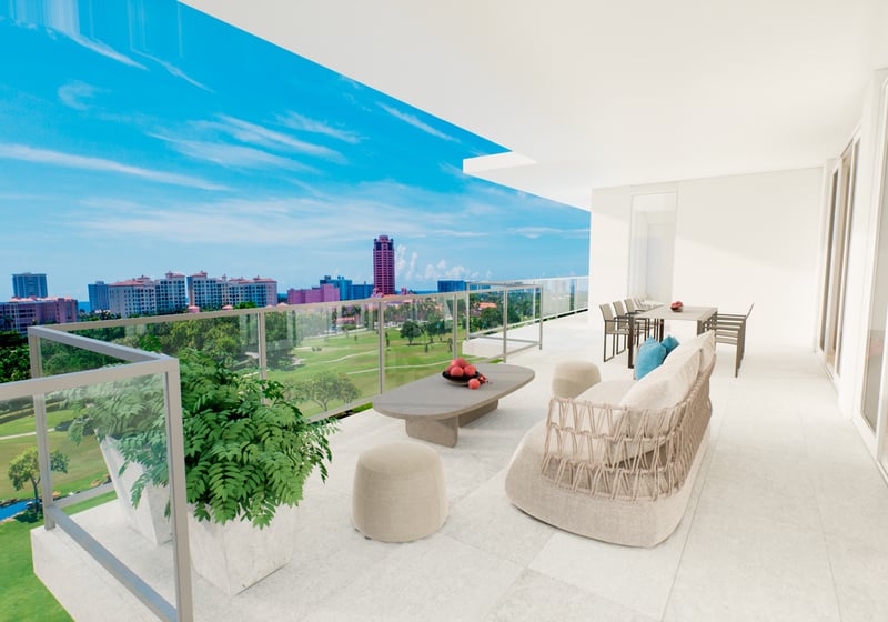 ALINA Residences, Boca Raton balcony view toward city skyline, open‑air living in luxury and ultra luxury condos; resale. Featuring modern.