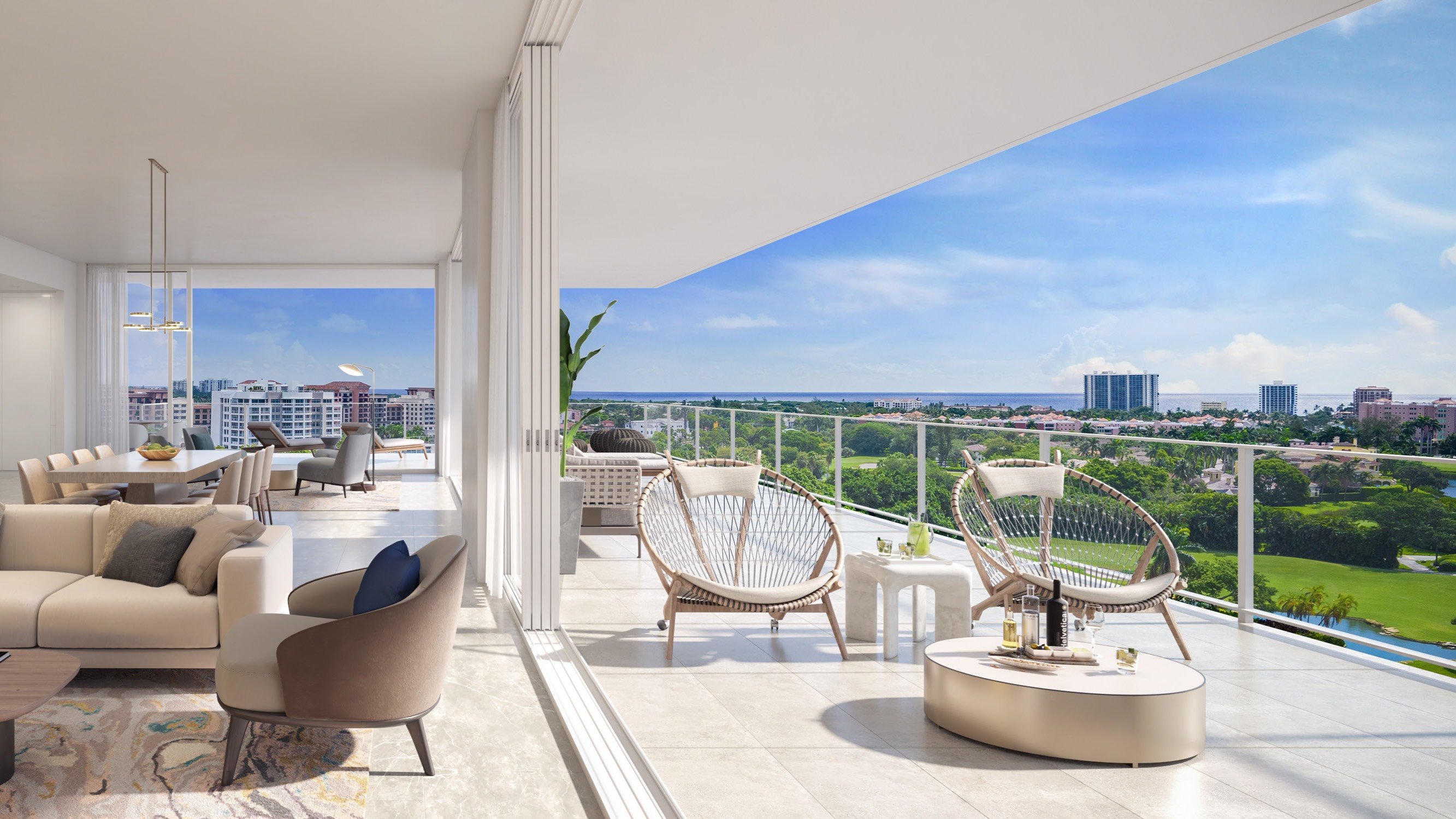 ALINA Residences, Boca Raton balcony living space with seating, indoor‑outdoor flow in luxury and ultra luxury condos; resale. Featuring modern and view.
