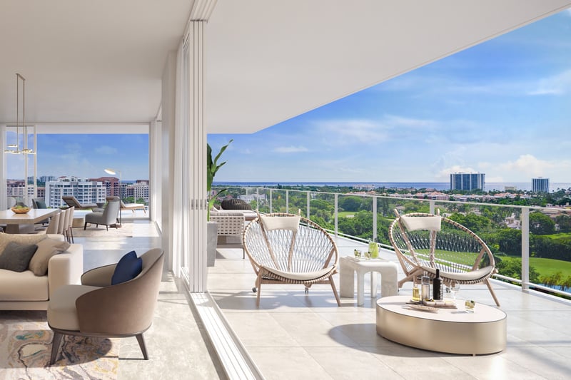 ALINA Residences, Boca Raton balcony living space with seating, indoor‑outdoor flow in luxury and ultra luxury condos; resale. Featuring modern and view.