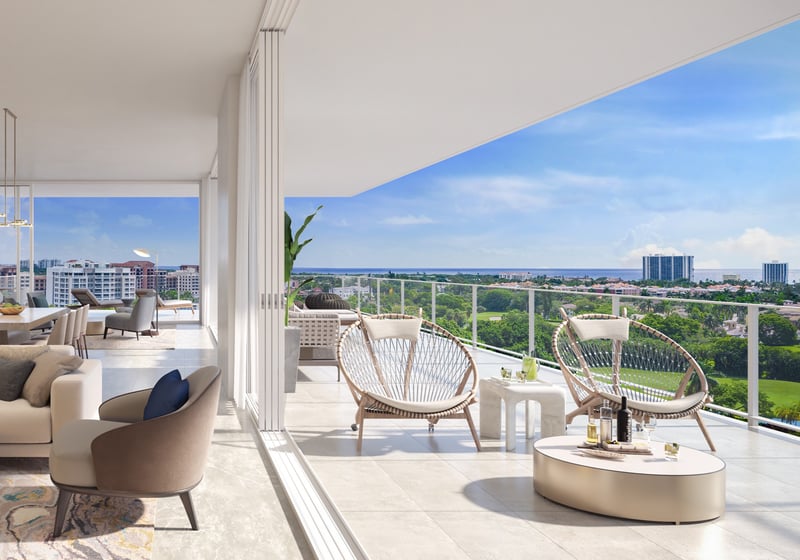 ALINA Residences, Boca Raton balcony living space with seating, indoor‑outdoor flow in luxury and ultra luxury condos; resale. Featuring modern and view.