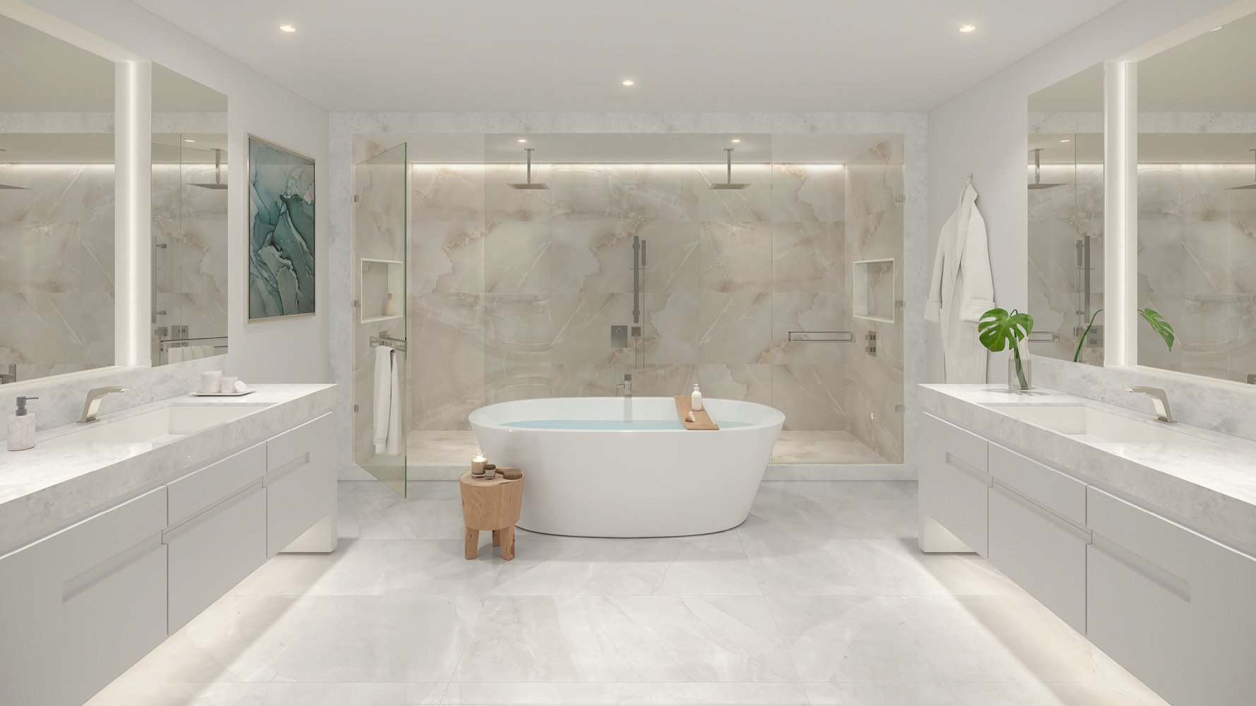 ALINA Residences, Boca Raton spa‑grade bathroom interior, stone and glass finishes in luxury and ultra luxury condos; resale. Featuring modern design.