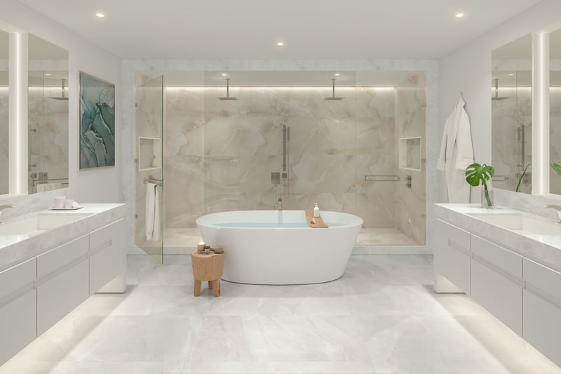 ALINA Residences, Boca Raton spa‑grade bathroom interior, stone and glass finishes in luxury and ultra luxury condos; resale. Featuring modern design.