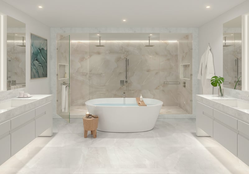 ALINA Residences, Boca Raton spa‑grade bathroom interior, stone and glass finishes in luxury and ultra luxury condos; resale. Featuring modern design.