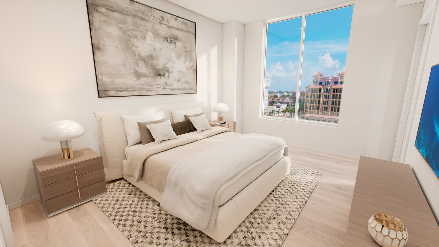 ALINA Residences, Boca Raton bedroom with skyline outlook, quiet retreat in luxury and ultra luxury condos; resale. Featuring modern interior view.