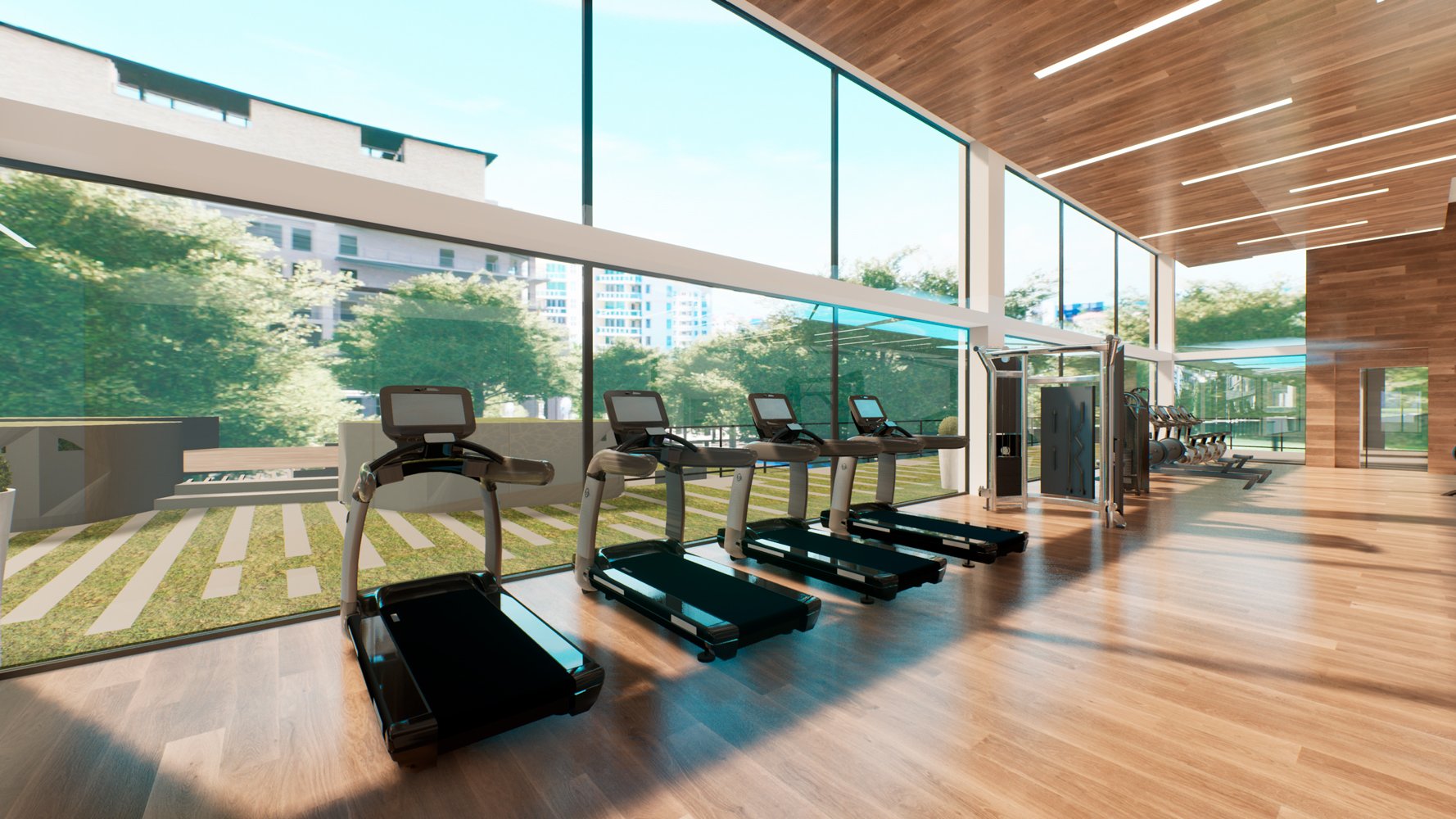 ALINA Residences, Boca Raton treadmills facing greenery, fitness amenity serving luxury and ultra luxury condos; resale. Featuring modern, gym, and interior.