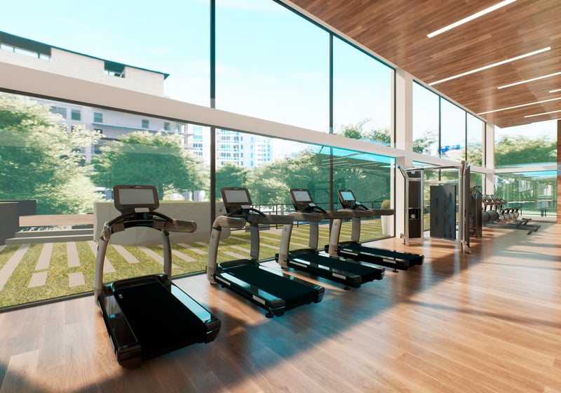 ALINA Residences, Boca Raton treadmills facing greenery, fitness amenity serving luxury and ultra luxury condos; resale. Featuring modern, gym, and interior.