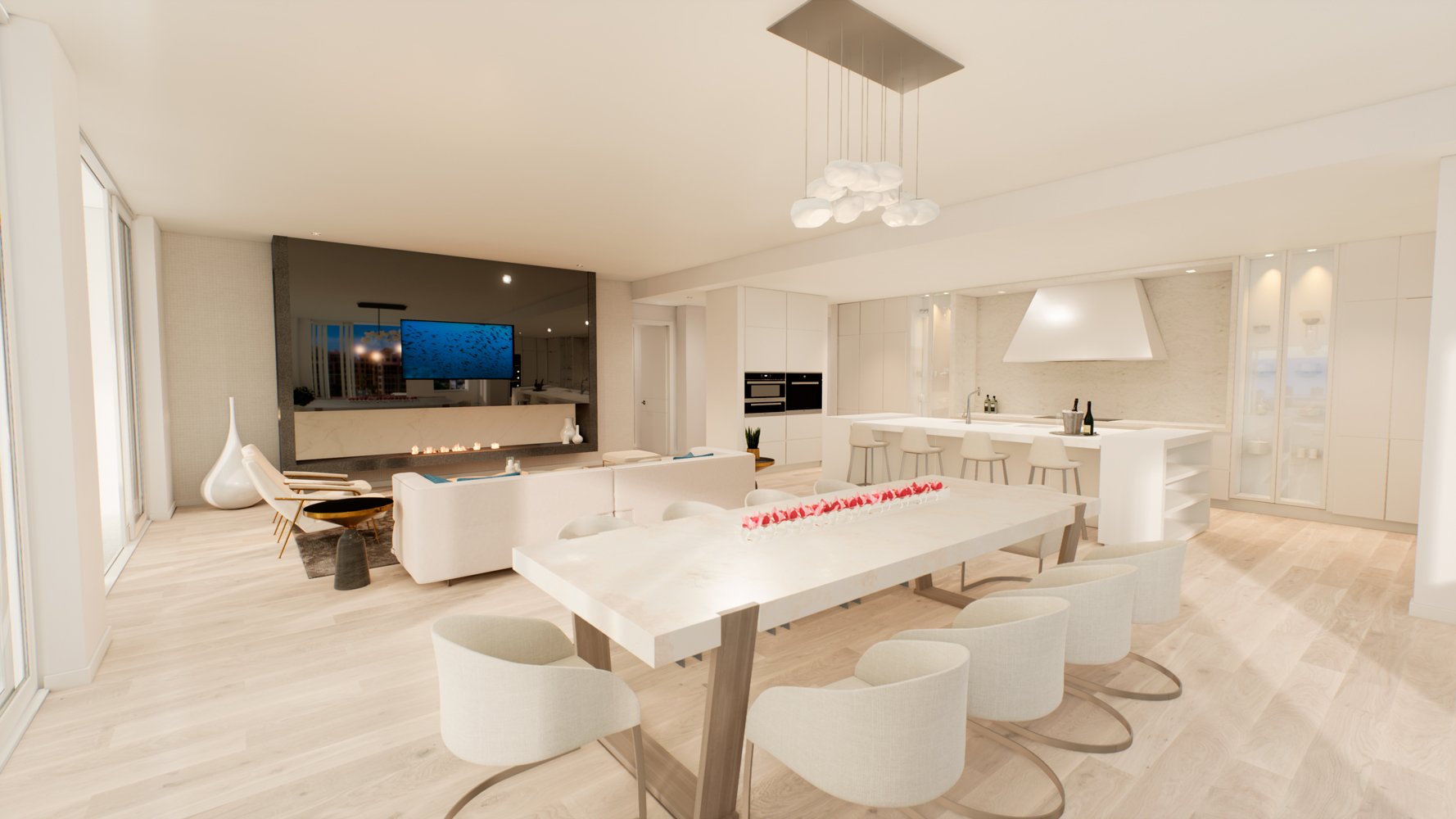 ALINA Residences, Boca Raton kitchen opening to living room, contemporary plan in luxury and ultra luxury condos; resale. Featuring modern interior.