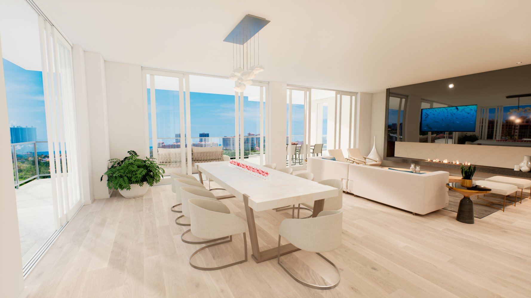 ALINA Residences, Boca Raton living and dining area with view, elegant space within luxury and ultra luxury condos; resale. Featuring modern and room.