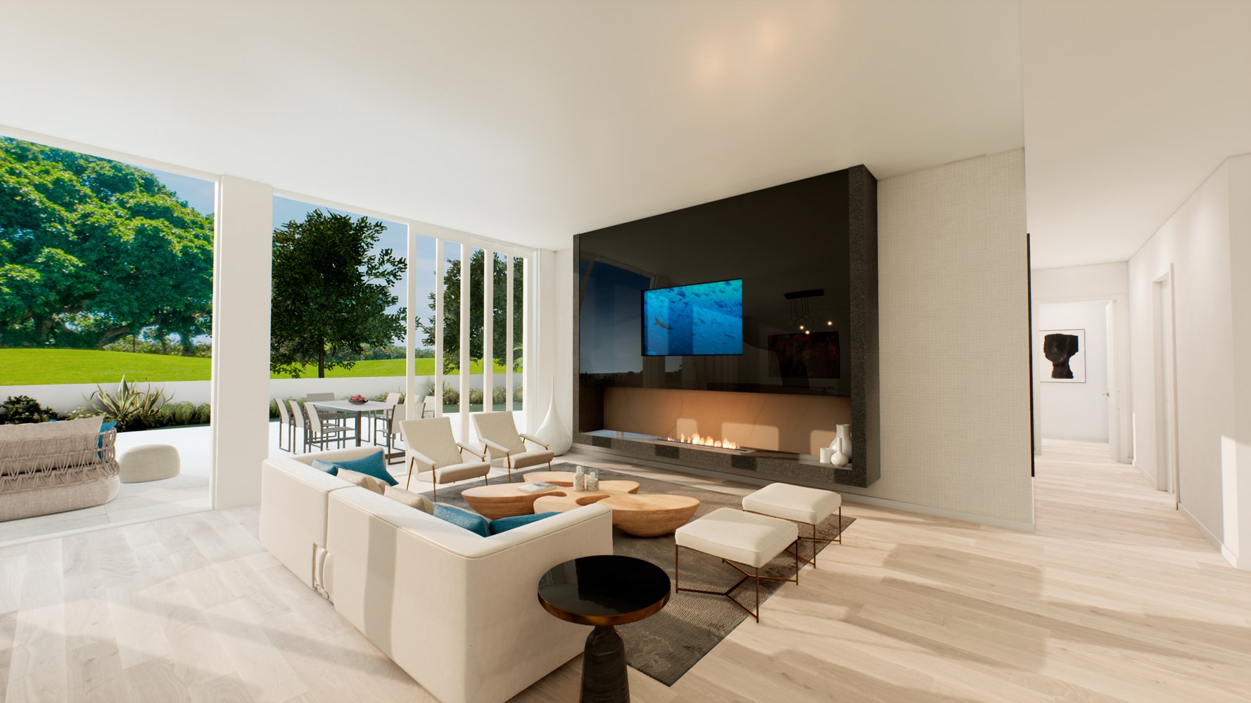 Alina Residences Boca Raton living room with outdoor view; luxury interiors for ultra luxury resale condos in downtown Boca Raton. Featuring modern.