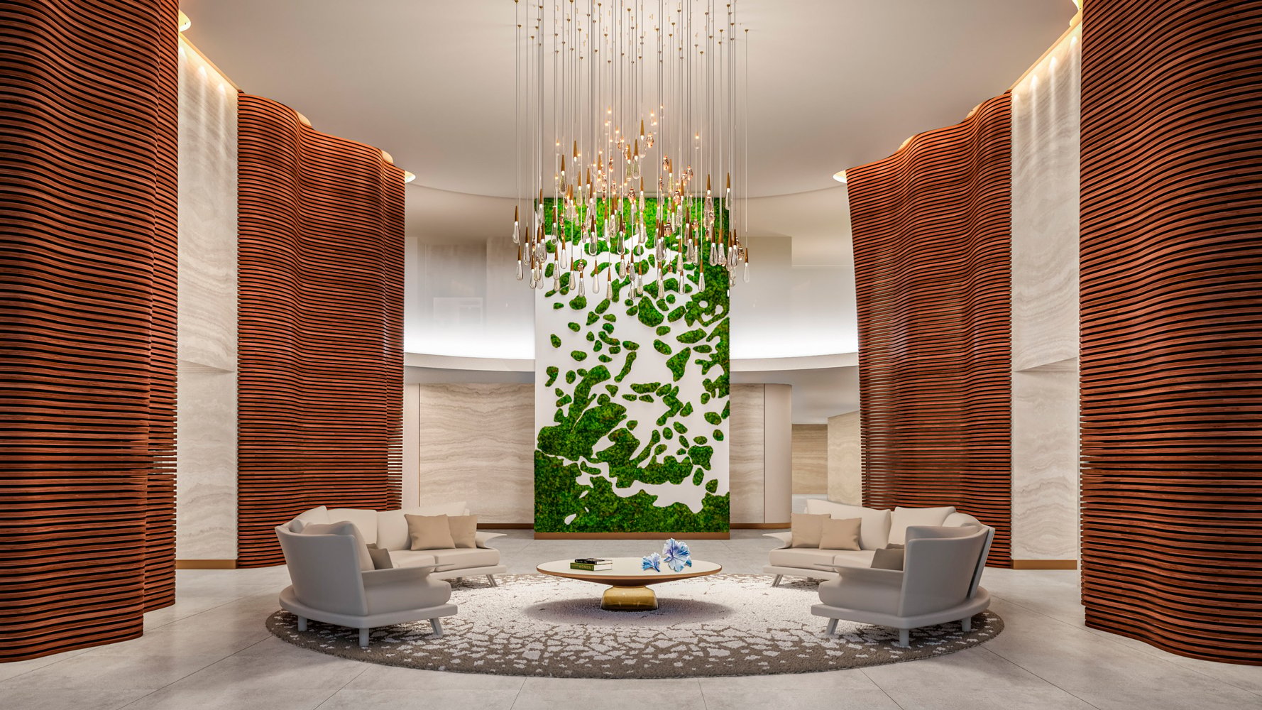 Alina Residences Boca Raton lobby with green wall art; luxury arrival for ultra luxury resale condos in Boca Raton, FL. Featuring modern design.