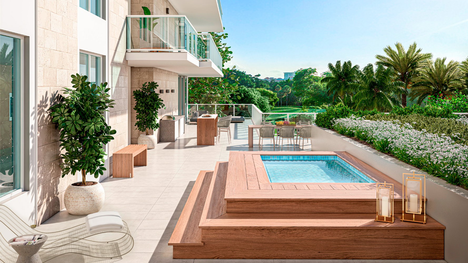 Alina Residences Boca Raton patio with pool and garden; luxury indoor-outdoor living for ultra luxury resale condos in downtown Boca Raton. Featuring modern.