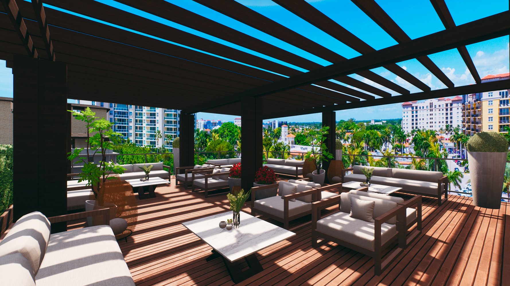 Alina Residences Boca Raton rooftop lounge; luxury social space for ultra luxury resale condos in downtown Boca Raton. Featuring interior and architecture.