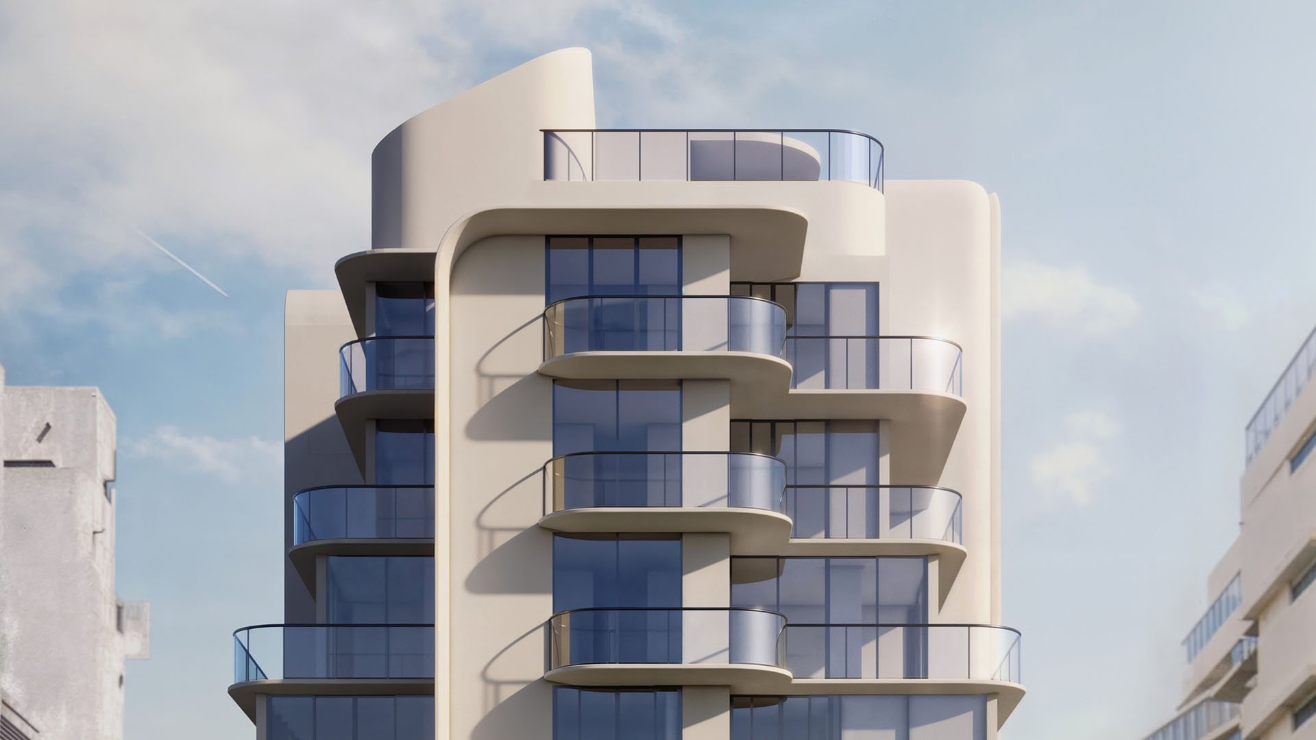 Alma Bay Harbor boutique condo facade in Bay Harbor Islands, Miami, with rounded balconies and floor-to-ceiling glass, highlighting luxury and ultra luxury preconstruction condos with modern coastal architecture.