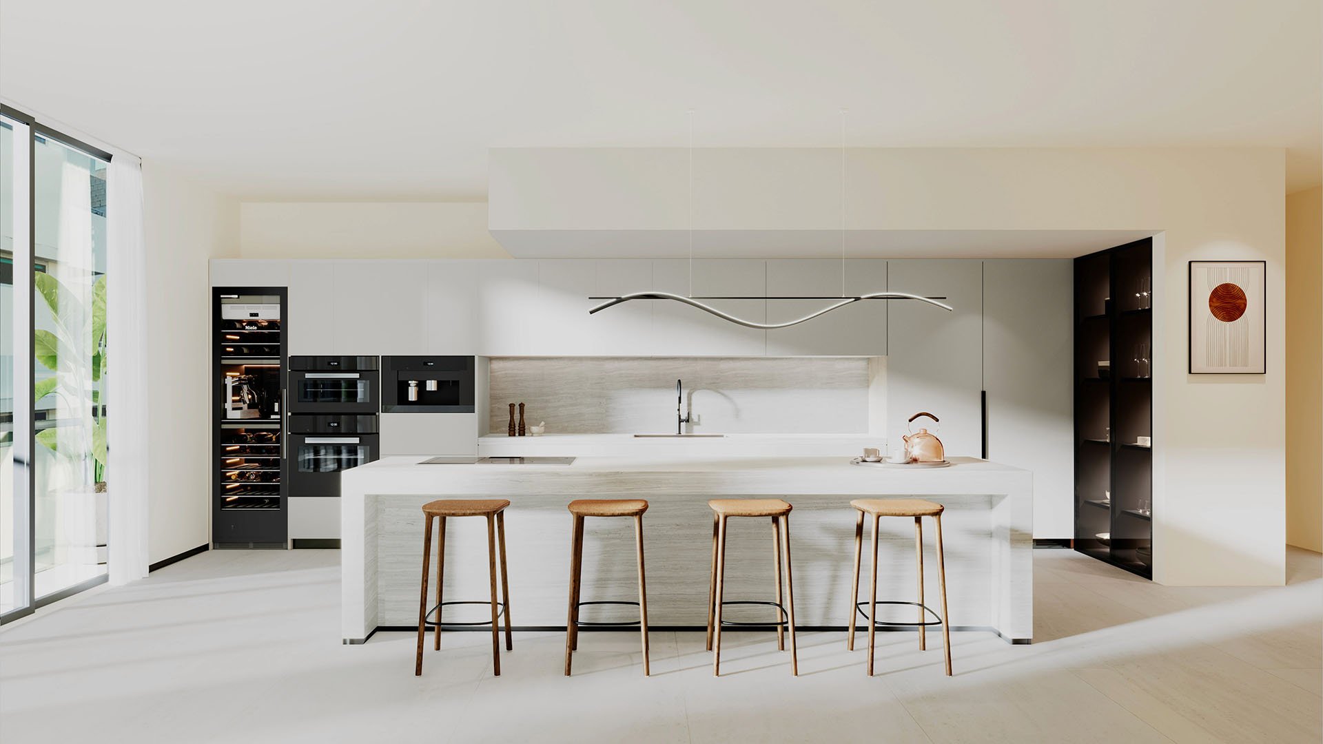 Alma Bay Harbor chef kitchen in Bay Harbor Islands, Miami, with waterfall island, built-in appliances and clean-lined cabinetry, highlighting interiors of luxury and ultra luxury preconstruction condos.