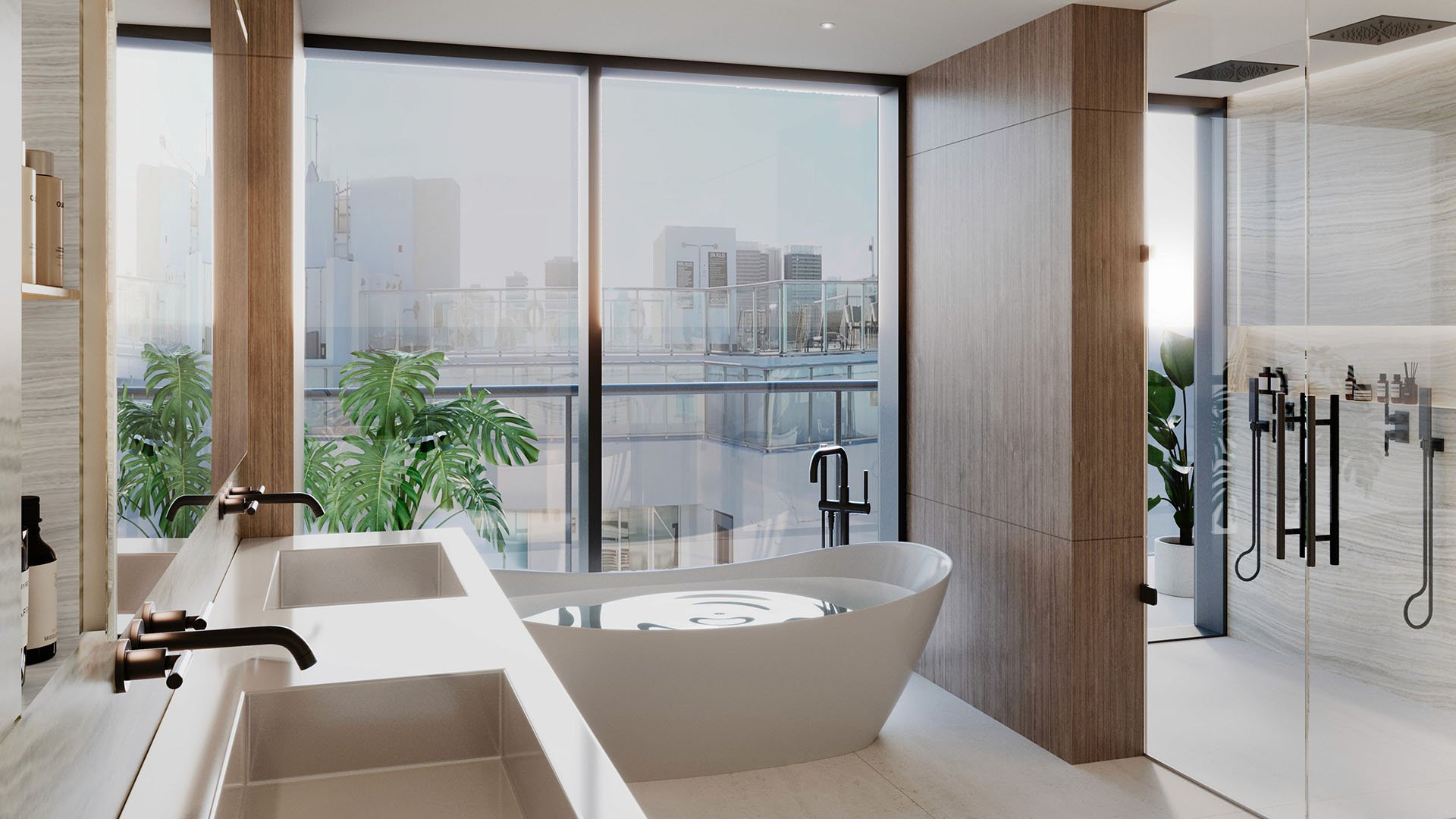 Spa-style bathroom at Alma Bay Harbor in Bay Harbor Islands, Miami, with freestanding tub, double vanity and glass shower, highlighting luxury and ultra luxury preconstruction condos with serene finishes.