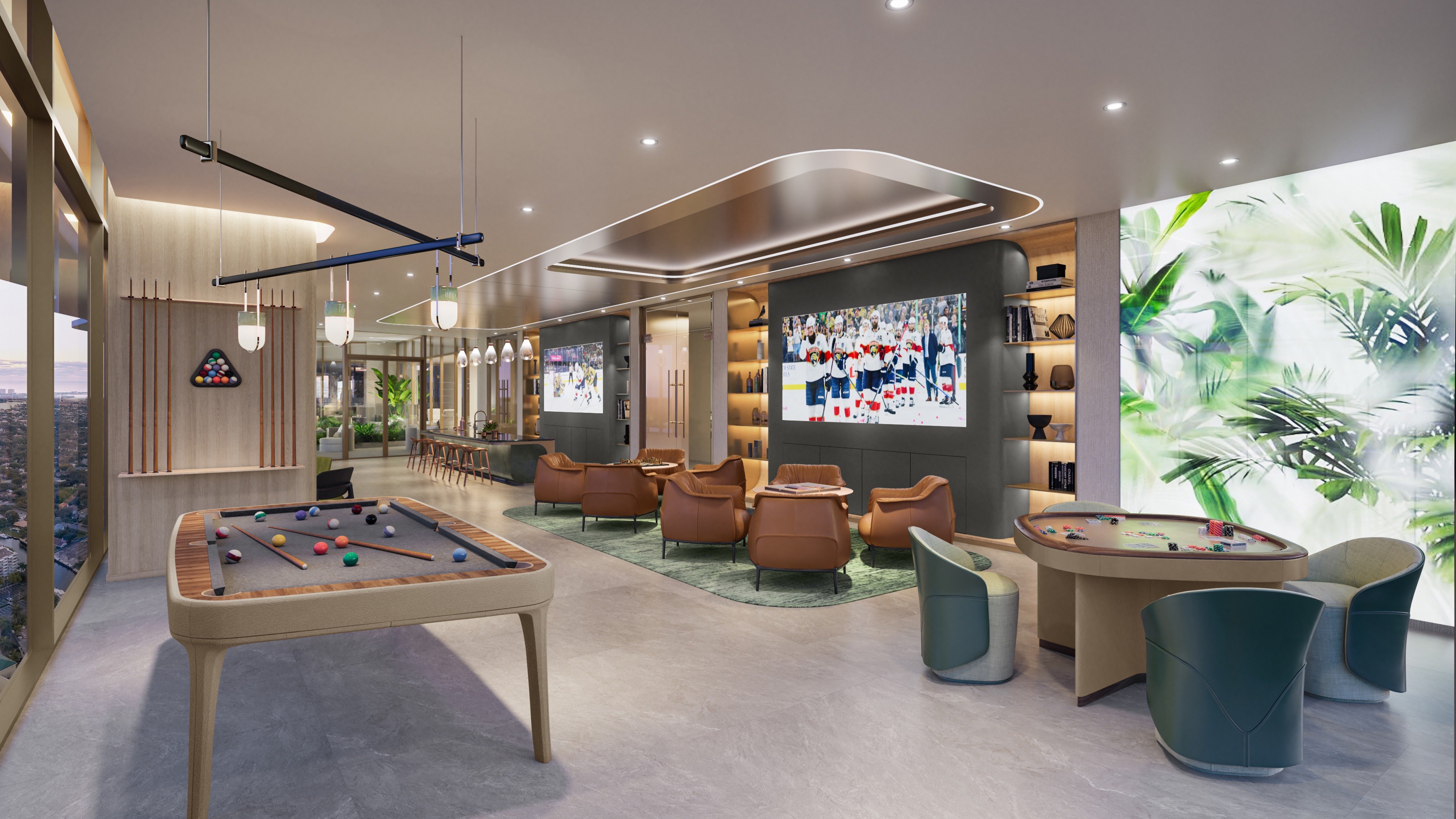 Andare Residences Fort Lauderdale game room lounge; luxury amenity for ultra luxury preconstruction condos in downtown Fort Lauderdale. Featuring interior design.