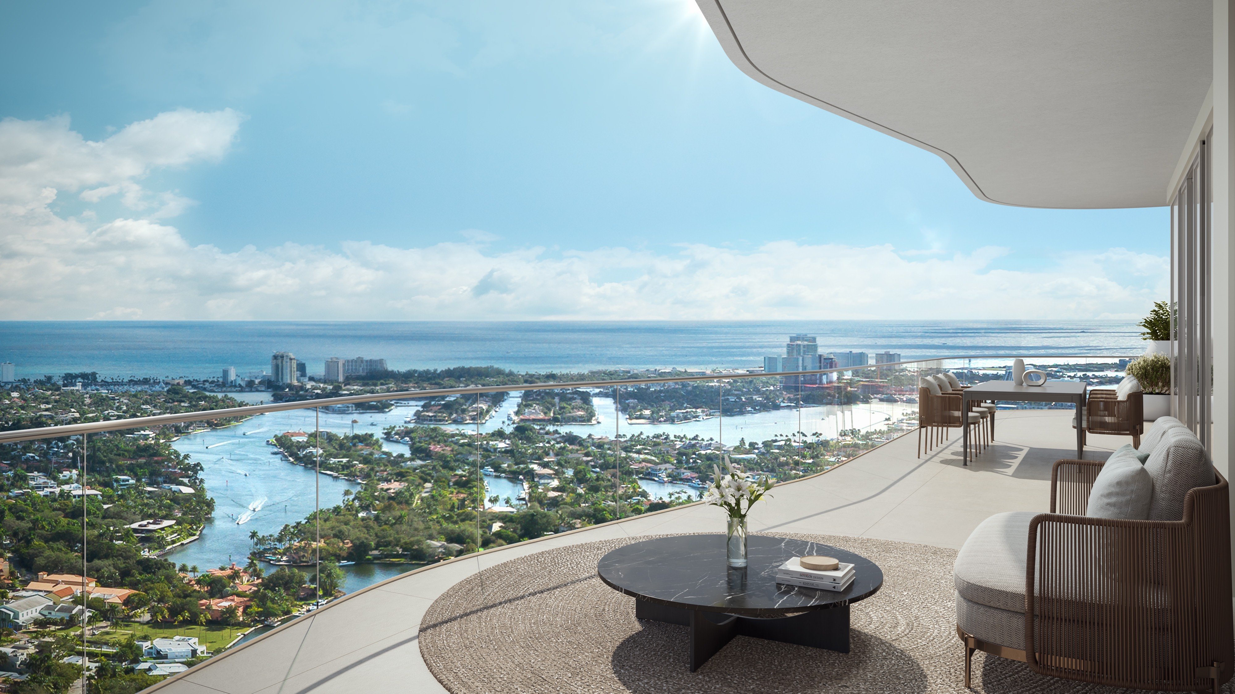 Andare Residences Fort Lauderdale balcony with seaside view; luxury outdoor living for ultra luxury preconstruction condos in Fort Lauderdale.