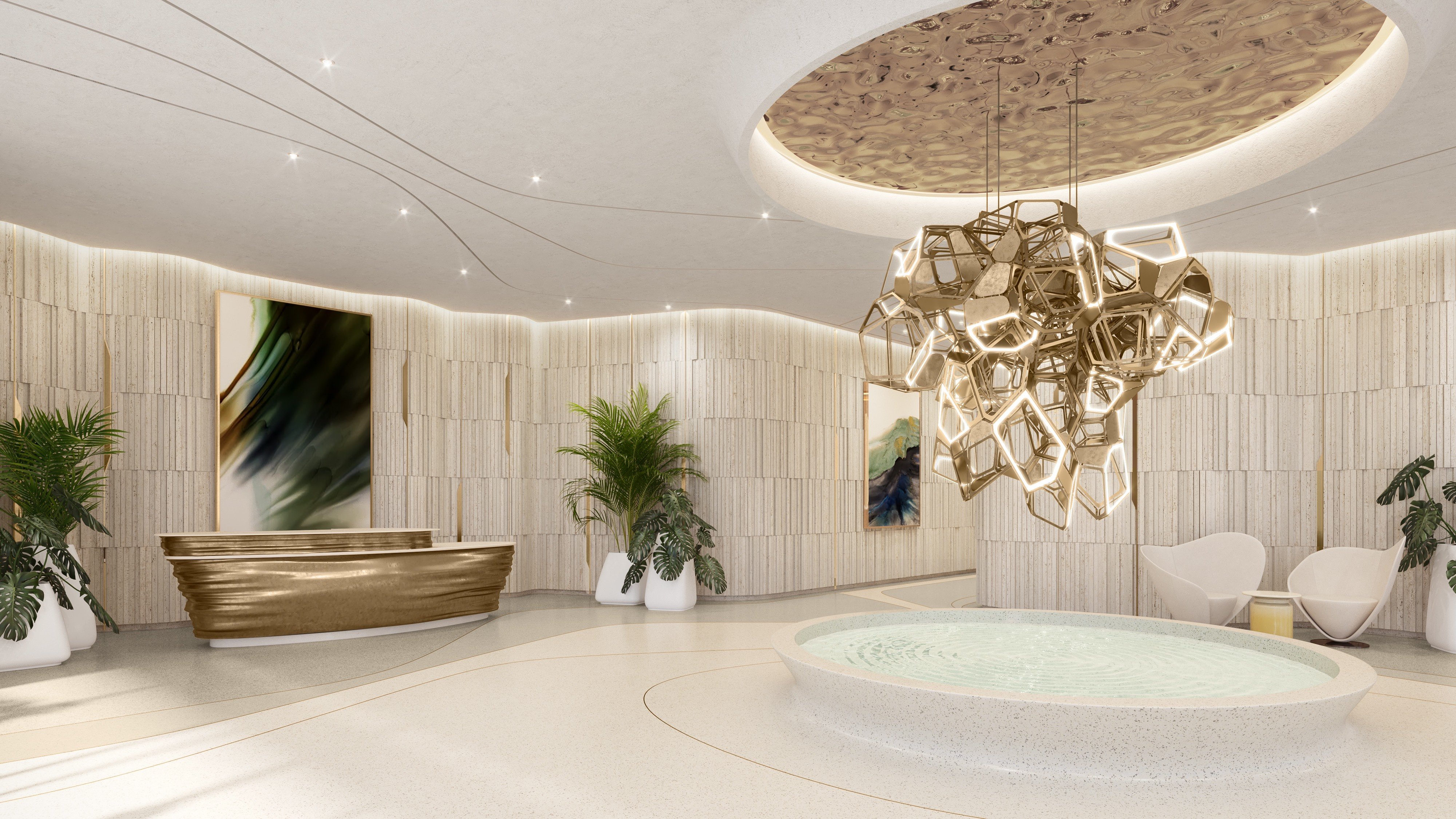 Andare Residences Fort Lauderdale grand lobby design; luxury arrival for ultra luxury preconstruction condos in downtown Fort Lauderdale. Featuring interior.