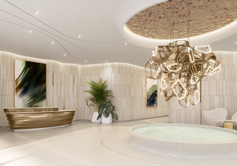 Andare Residences Fort Lauderdale grand lobby design; luxury arrival for ultra luxury preconstruction condos in downtown Fort Lauderdale. Featuring interior.