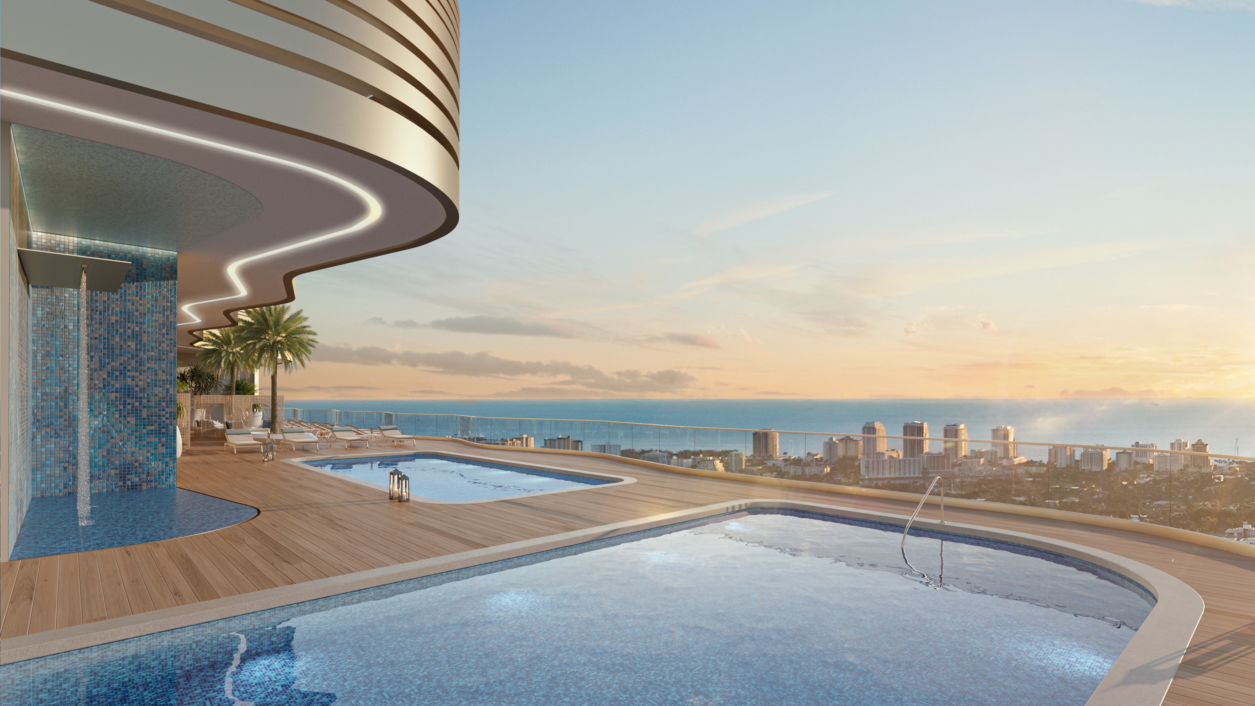 Andare Residences Fort Lauderdale pool at sunset; luxury resort-style amenity for ultra luxury preconstruction condos in downtown Fort Lauderdale.