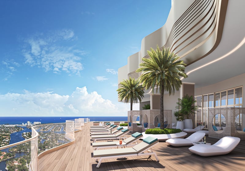 Andare Residences Fort Lauderdale rooftop pool with ocean view; luxury sky deck for ultra luxury preconstruction condos in Fort Lauderdale. Featuring poolside.