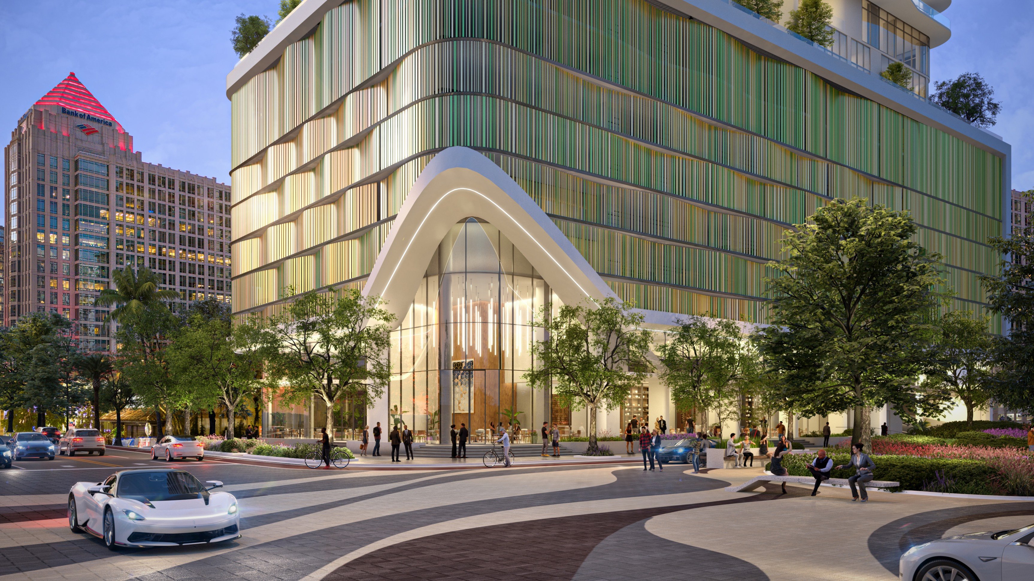 Andare Residences Fort Lauderdale modern architectural tower and cityscape; luxury high-rise for ultra luxury preconstruction condos in downtown Fort Lauderdale. Featuring building.