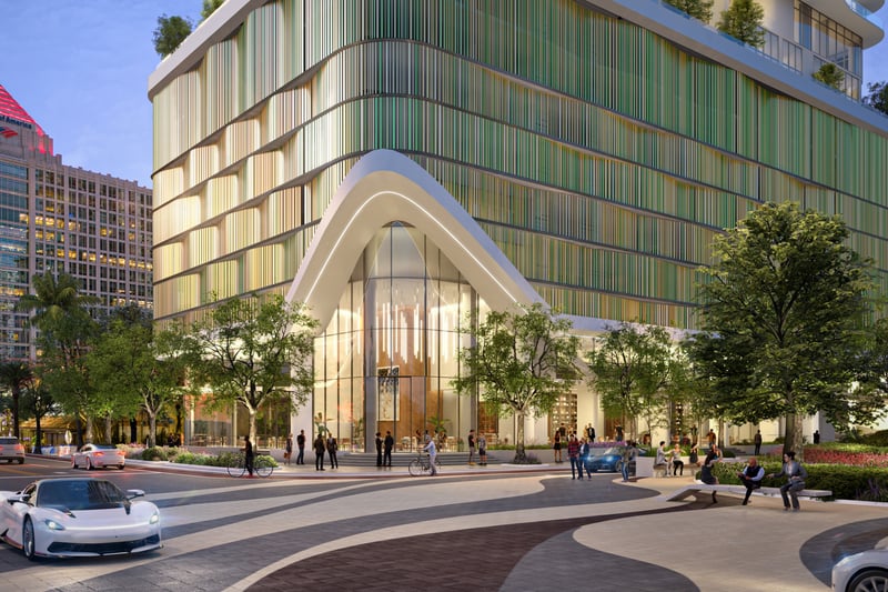 Andare Residences Fort Lauderdale modern architectural tower and cityscape; luxury high-rise for ultra luxury preconstruction condos in downtown Fort Lauderdale. Featuring building.