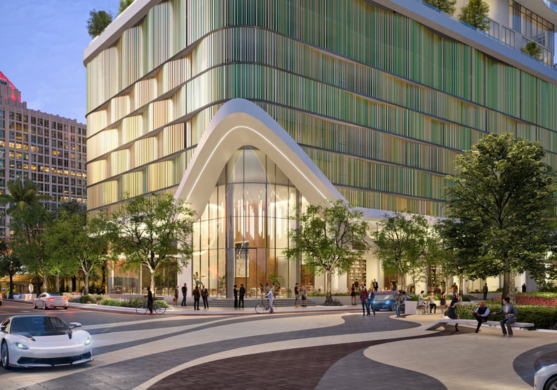 Andare Residences Fort Lauderdale modern architectural tower and cityscape; luxury high-rise for ultra luxury preconstruction condos in downtown Fort Lauderdale. Featuring building.